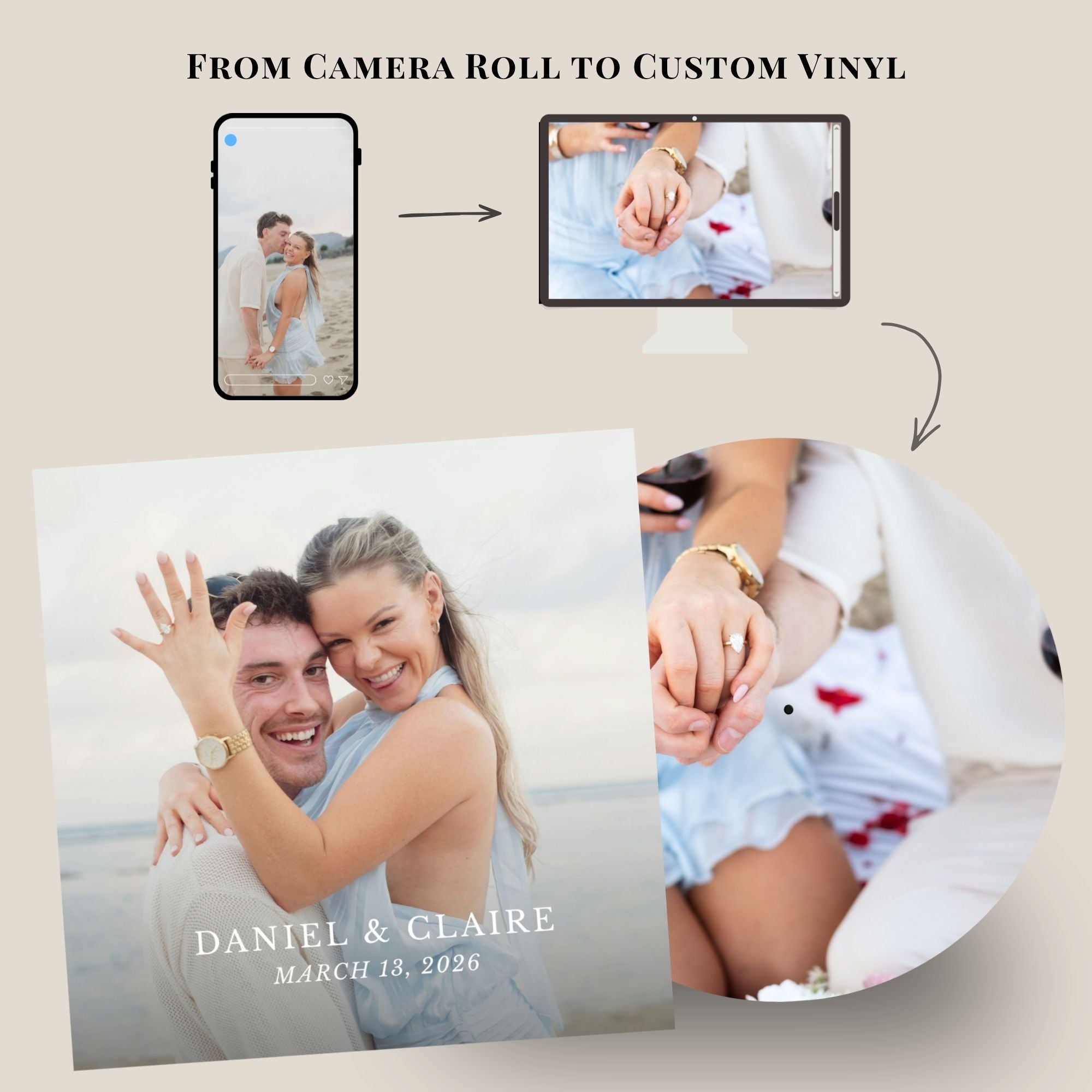 Custom vinyl photo print service showing a phone, tablet, and circular close-up of a couple's hands, with text reading 'FROM CAMERA ROLL TO CUSTOM VINYL' and a large sample print reading 'DANIEL & CLAIRE MARCH 13, 2026'.