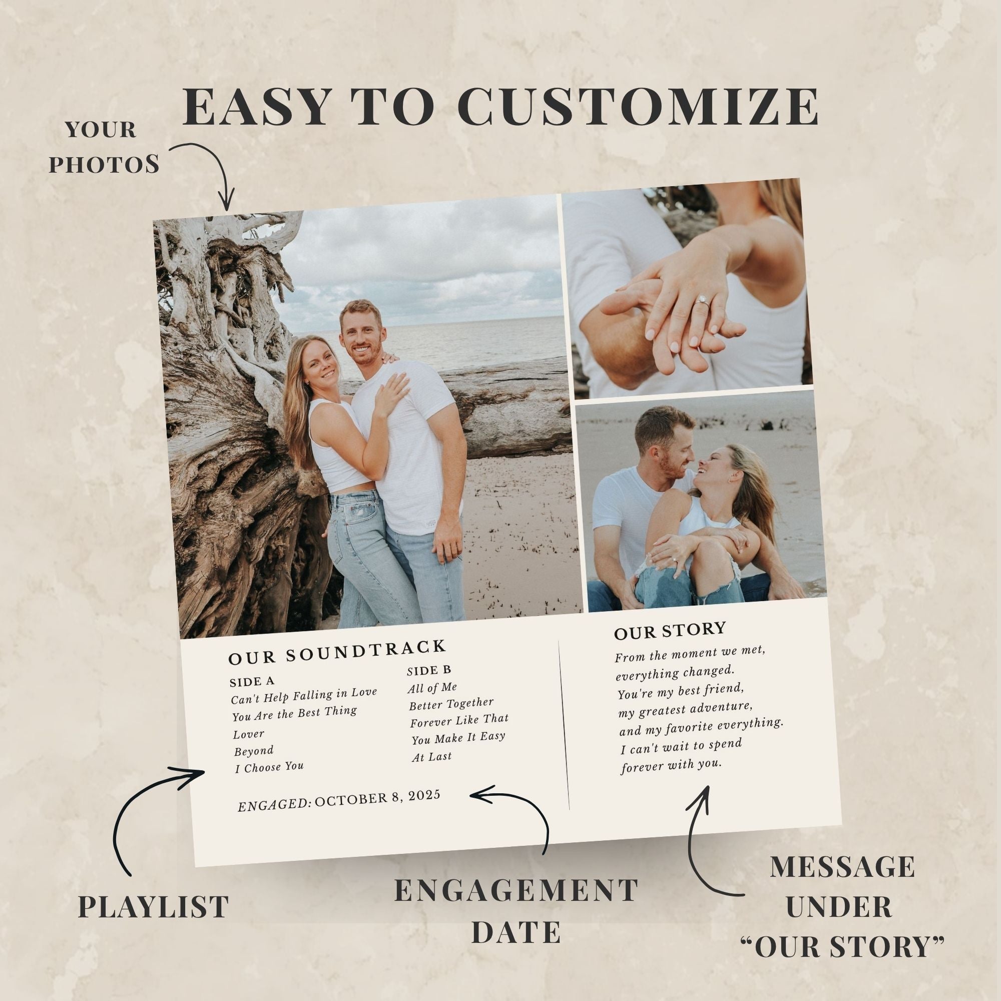Customizable engagement story photo collage template with editable text sections for playlist, engagement date, and message under the story, shown on a textured beige background with sample photos of a couple.