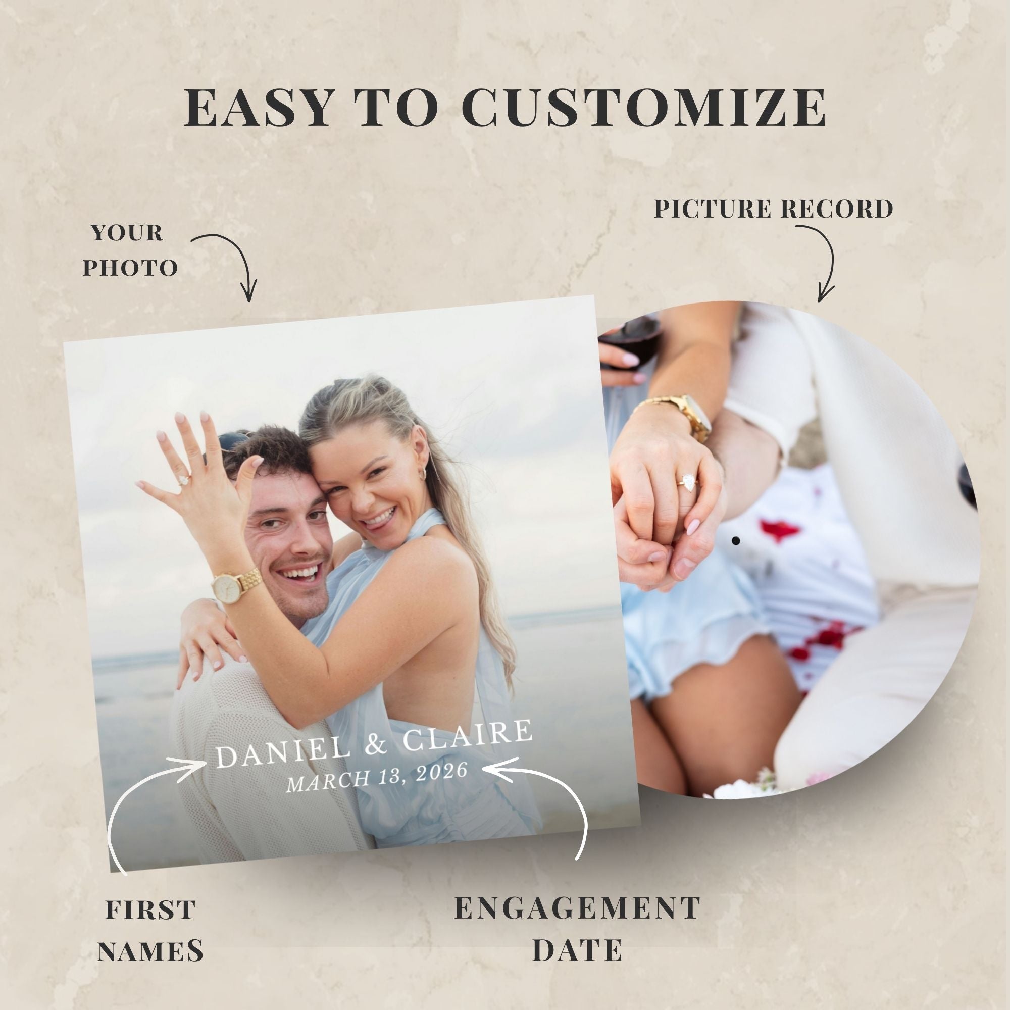 Customizable engagement photo print preview on a textured beige background, showing a couple's photo with arrows and labels for photo upload, picture record, first names, and engagement date.
