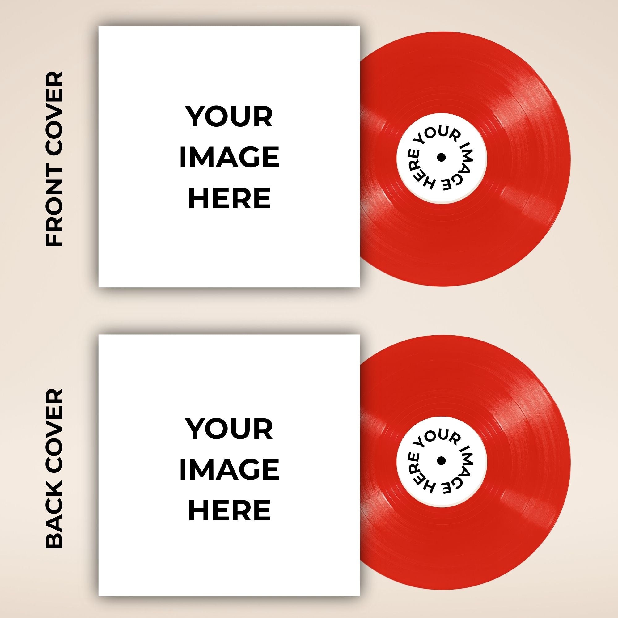 Vinyl record design template with customizable front and back covers on a beige background.
