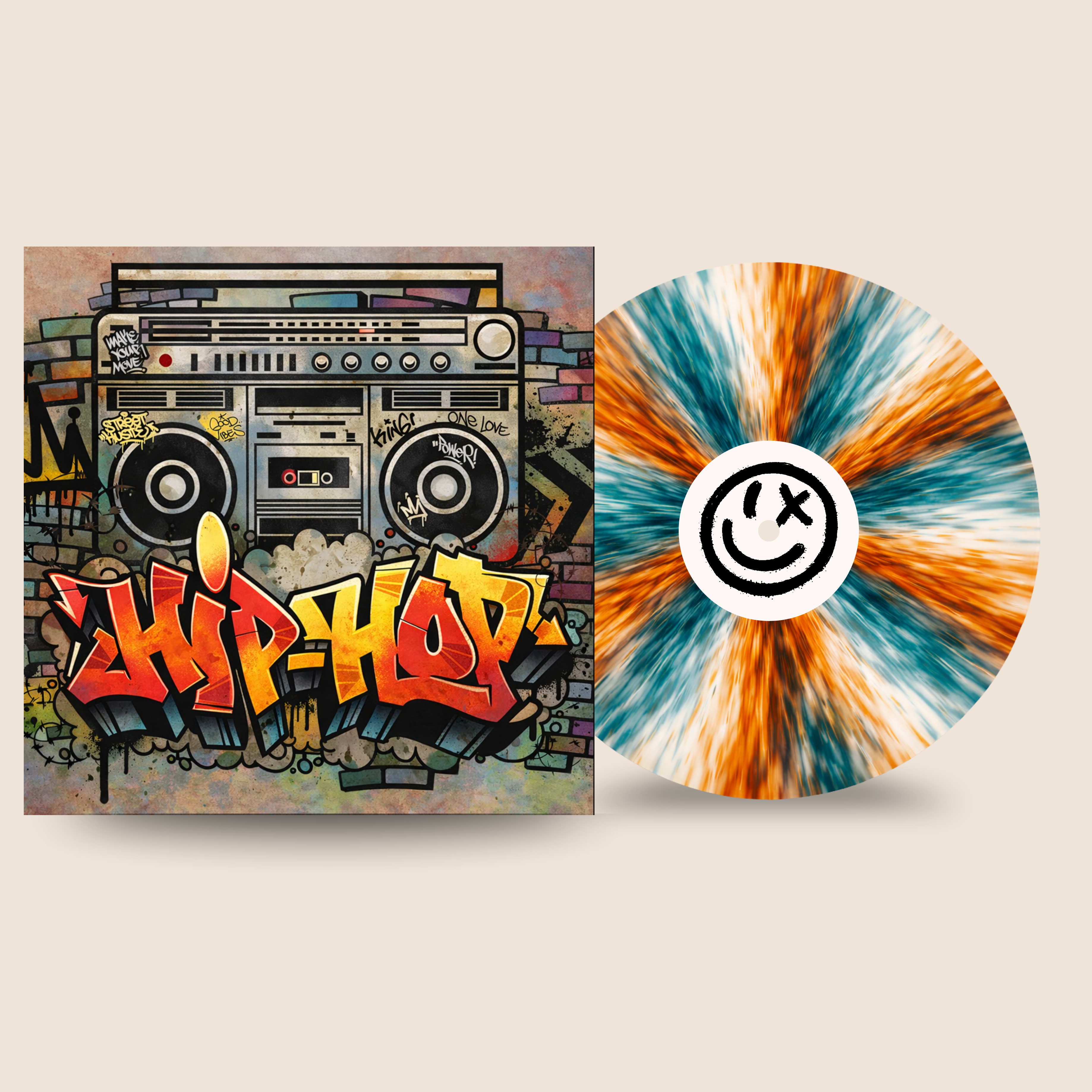 Artisan Series Paint Edition custom vinyl record by Black Label Vinyl featuring a teal, orange, and white painted-style 12-inch lathe-cut record, shown with bold hip-hop graffiti album artwork.