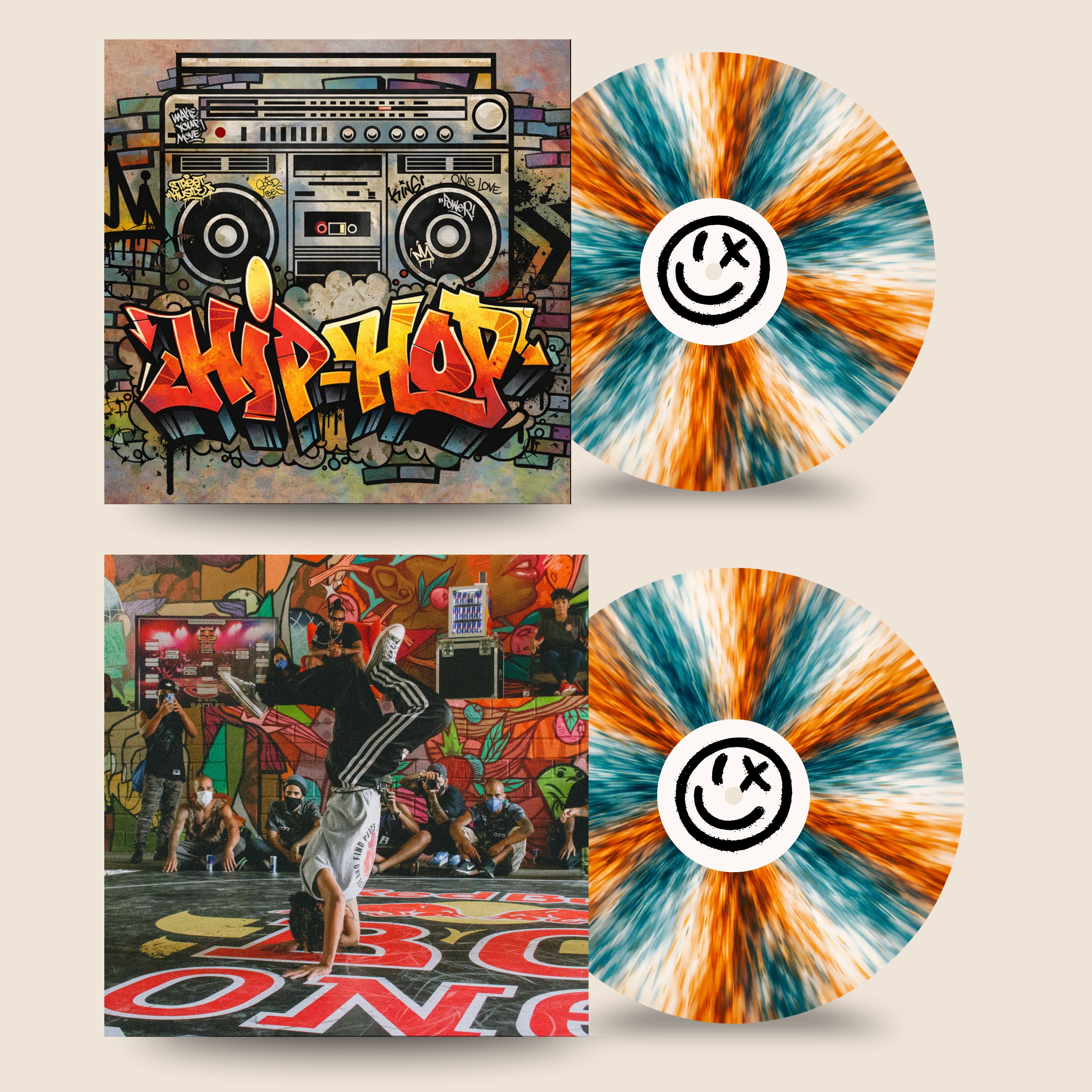 Artisan Series Paint Edition custom vinyl record by Black Label Vinyl featuring a teal, orange, and white painted-style 12-inch lathe-cut record, shown with hip-hop–inspired album artwork and lifestyle imagery.