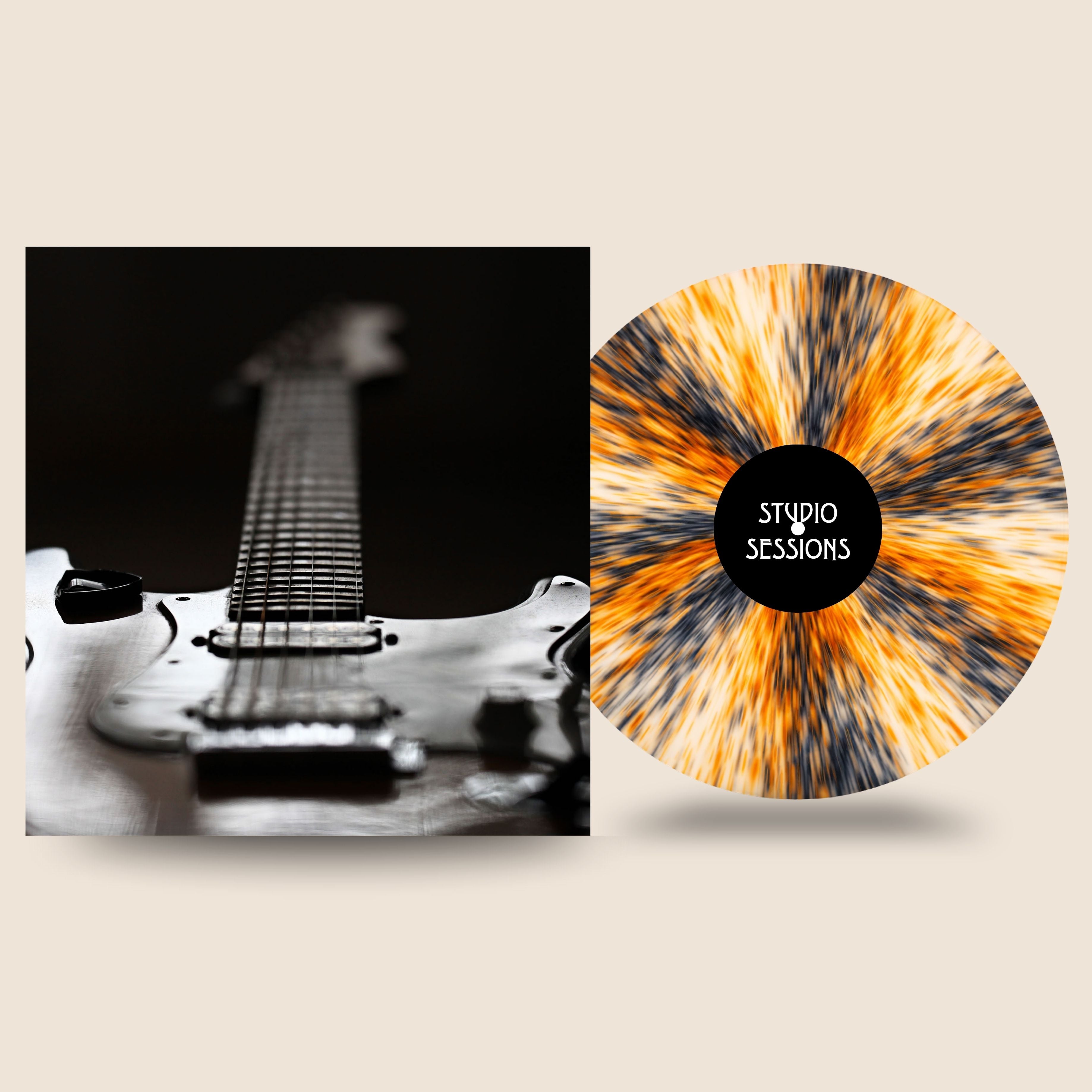 Black Label Vinyl Studio Sessions custom vinyl record with orange and black splatter design next to a moody electric guitar cover, showcasing a premium studio-inspired color vinyl edition.