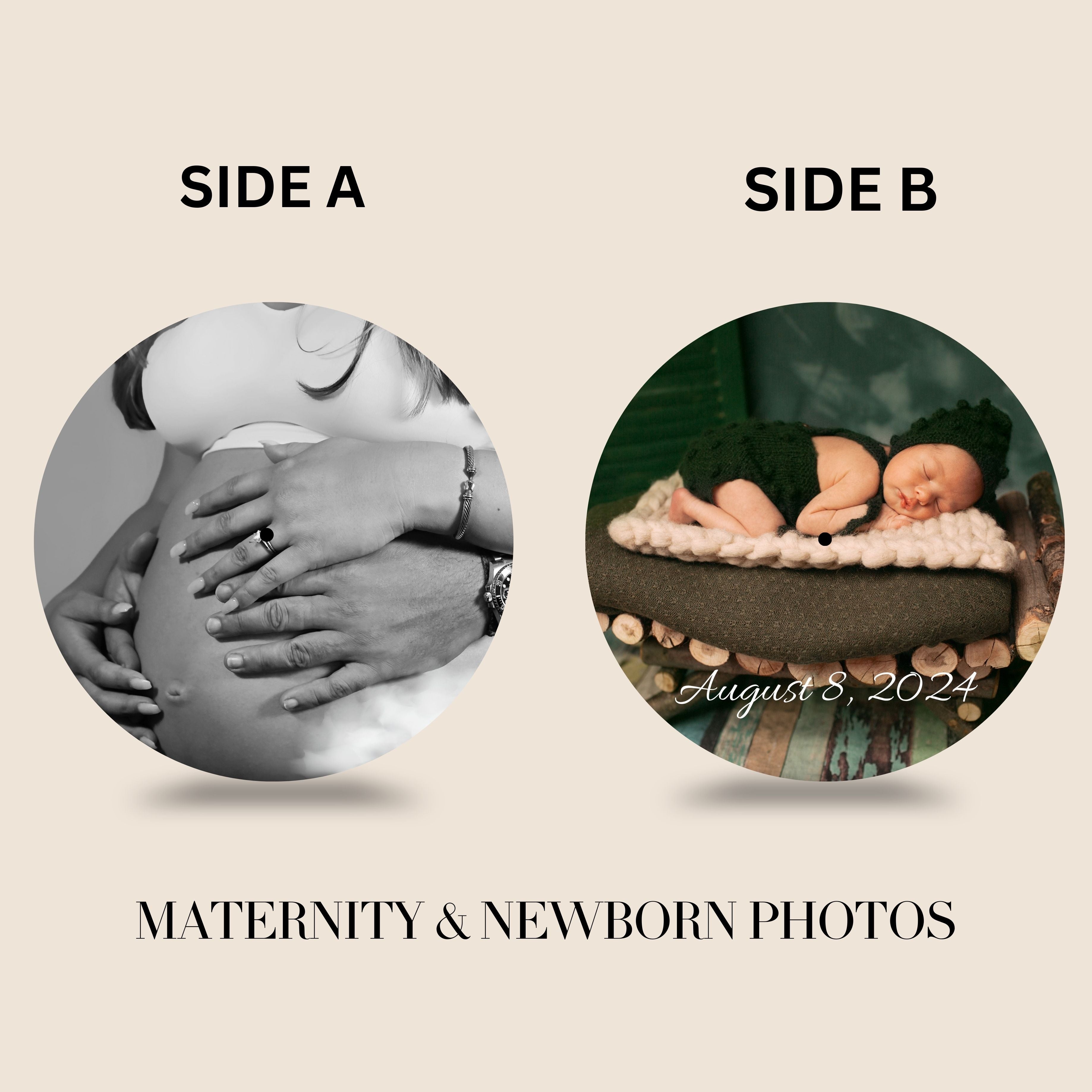 Display-only custom vinyl photo record featuring maternity and newborn photos on real vinyl with silent grooves and a standard center hole.