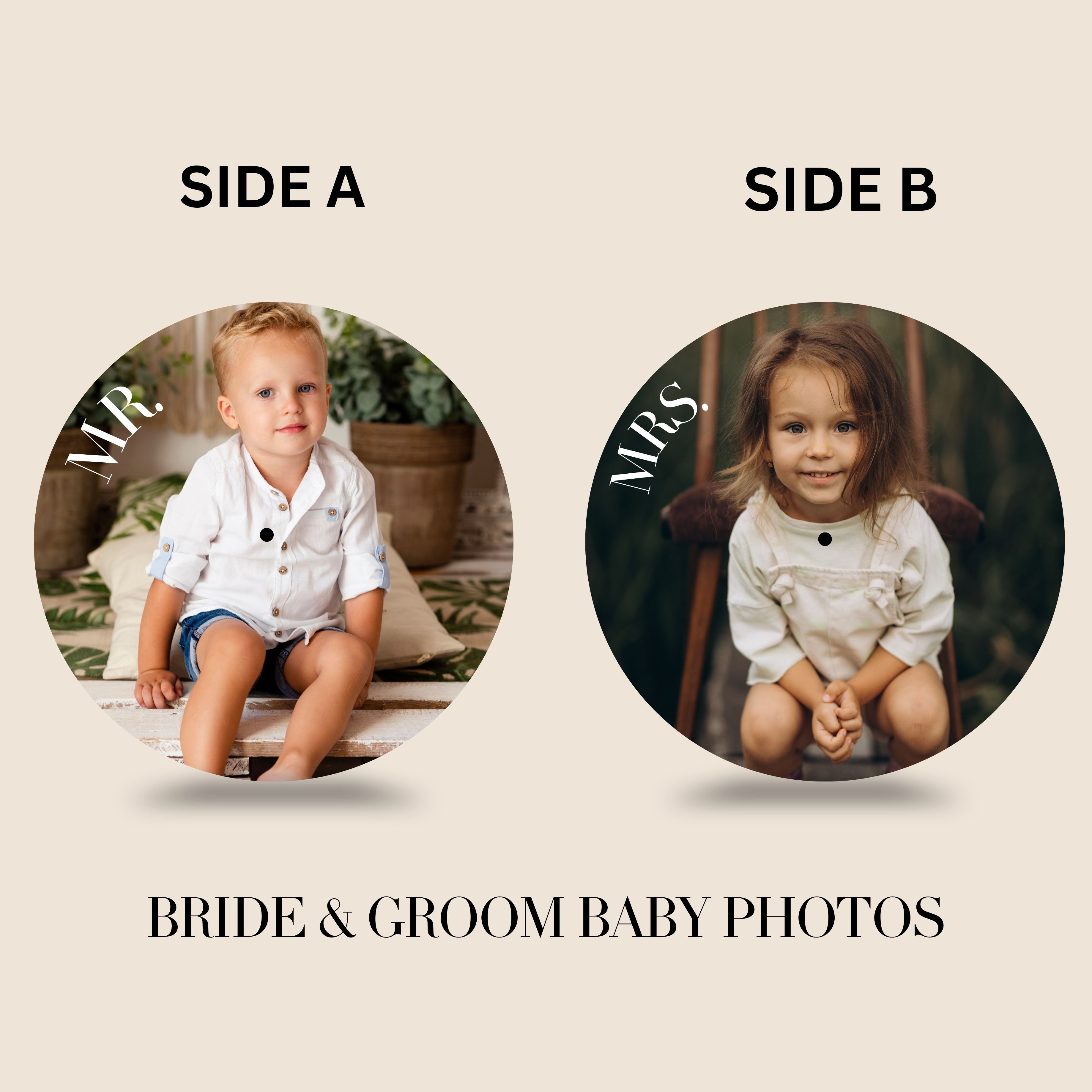 Display-only custom vinyl photo record with baby photos on Side A and Side B, featuring real vinyl, silent grooves, and a standard center hole.