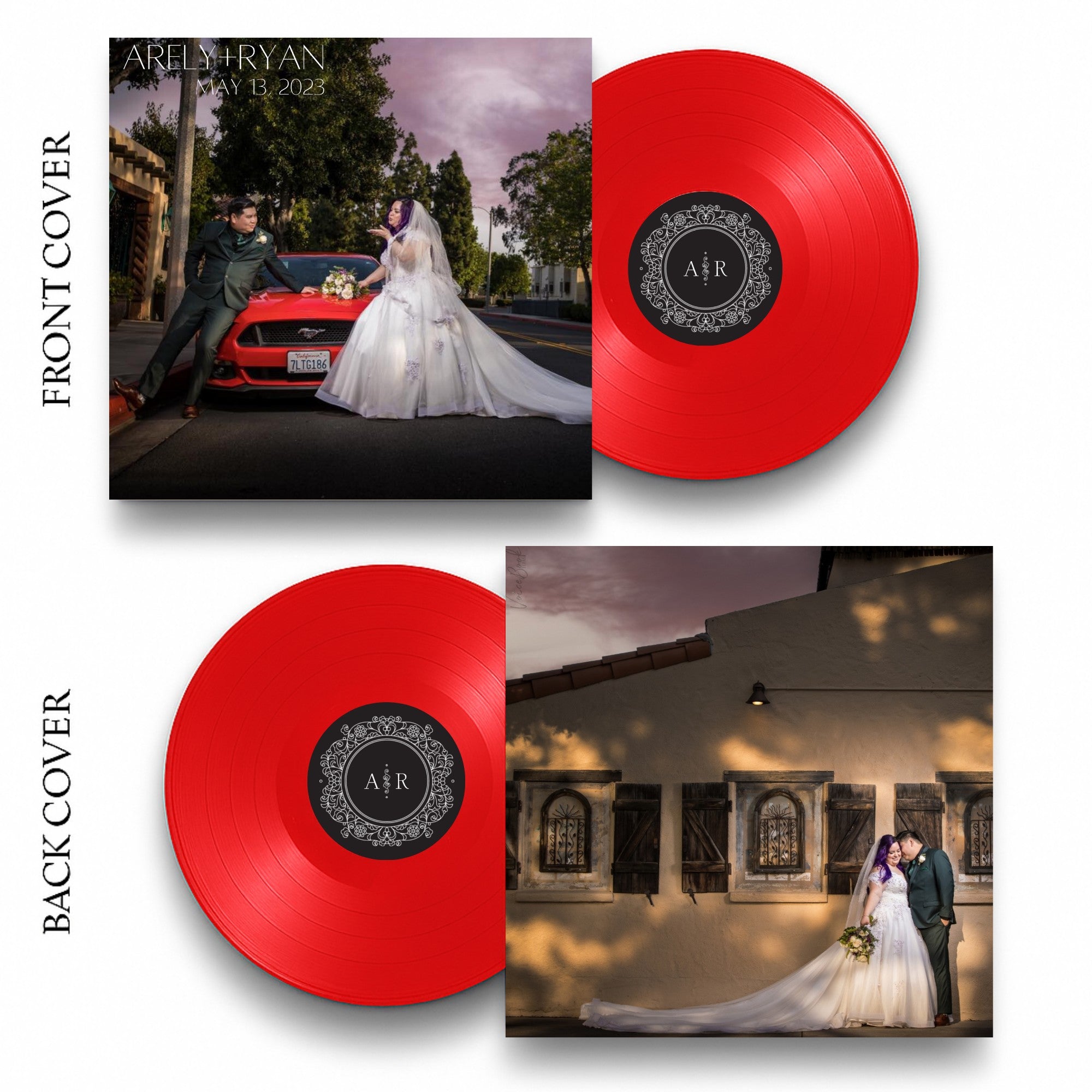 Custom Black Label Vinyl wedding record with personalized photo cover and bold red 12-inch vinyl
