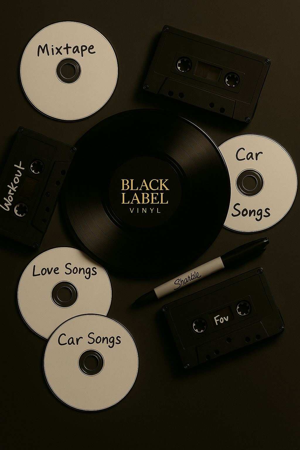 Black Label Vinyl custom vinyl record surrounded by mixtape cassettes and handwritten CDs labeled love songs, car songs, and workout — a nostalgic personalized LP record setup that inspires you to make your own vinyl mixtape keepsake.