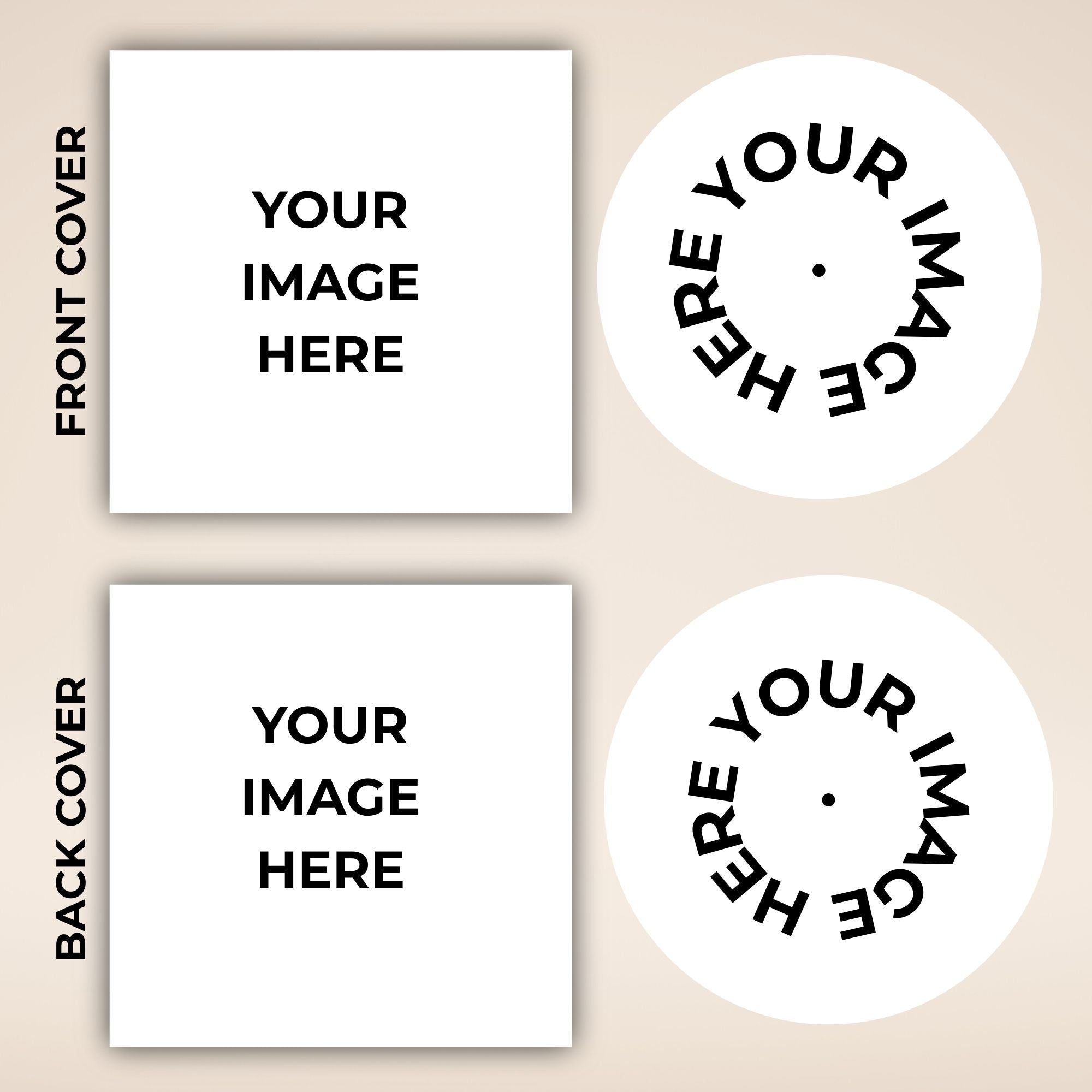 Black Label Vinyl picture record mockup template showing front and back album covers with customizable “Your Image Here” design layout — premium vinyl record visualization for personalized album art and custom record printing.