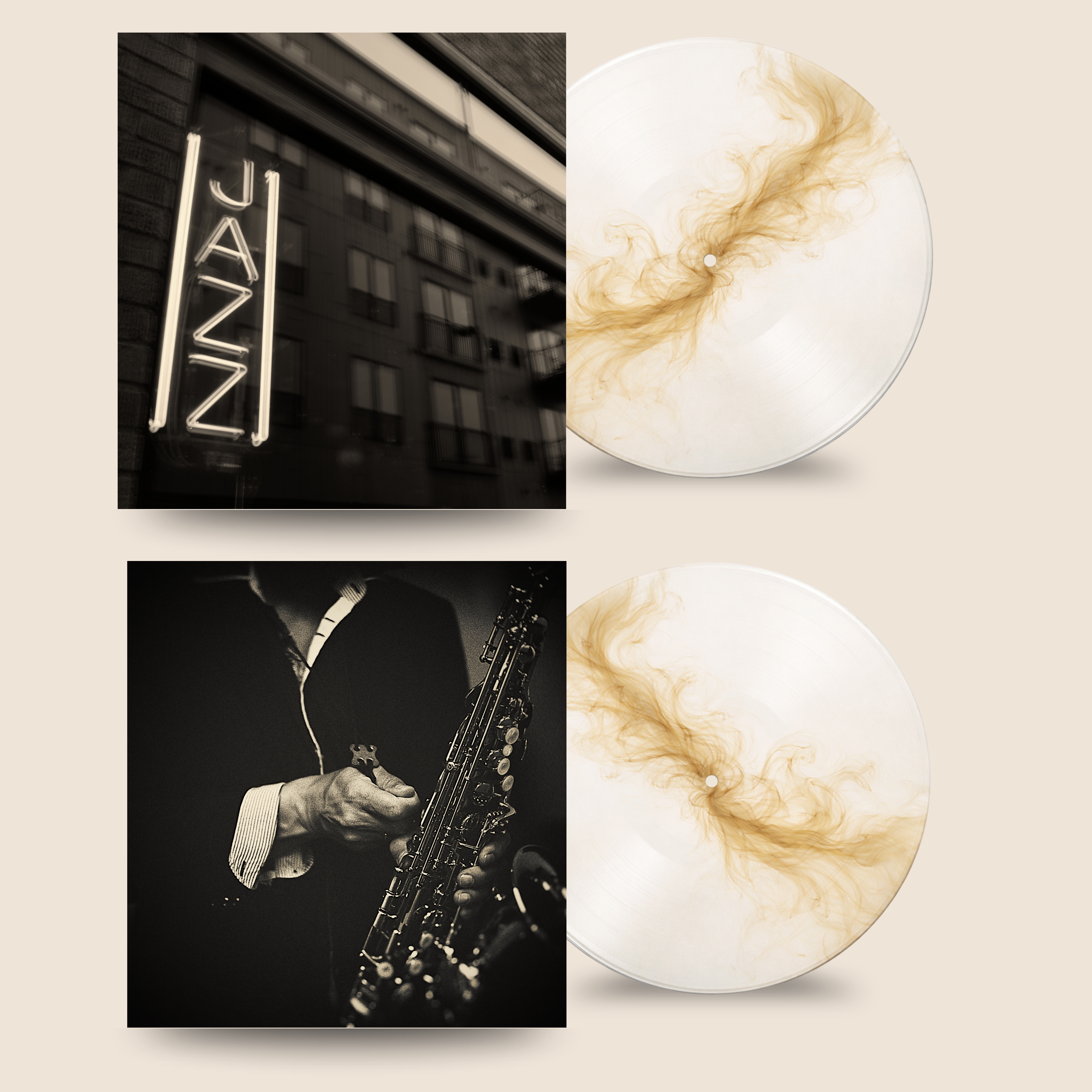 Ink Series custom vinyl record by Black Label Vinyl featuring a translucent white 12-inch lathe-cut record with flowing gold ink-style artwork, shown with jazz-inspired album imagery.