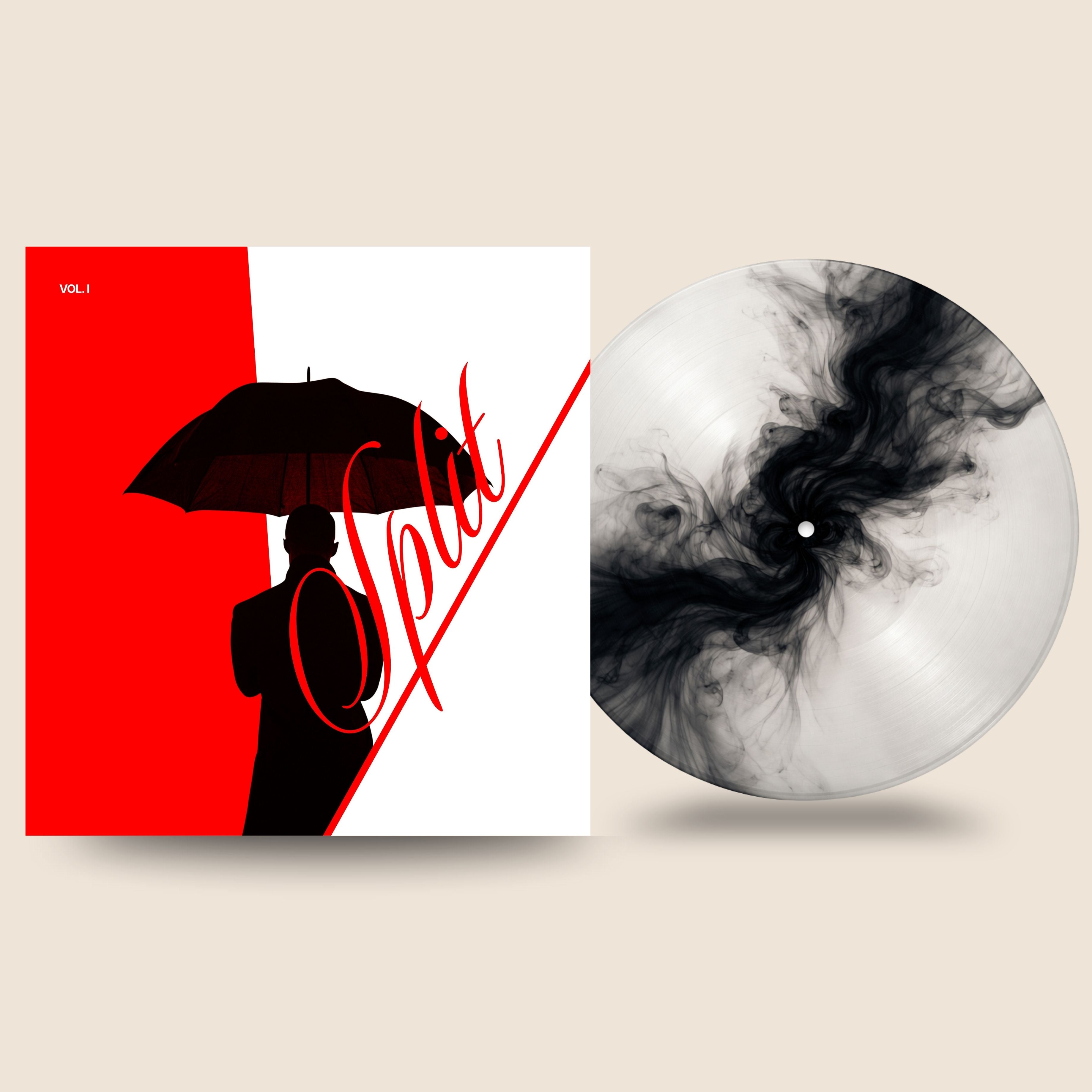 Ink Series custom vinyl record by Black Label Vinyl featuring a translucent white 12-inch lathe-cut record with flowing black ink-style artwork, shown with a minimalist red-and-white album cover.