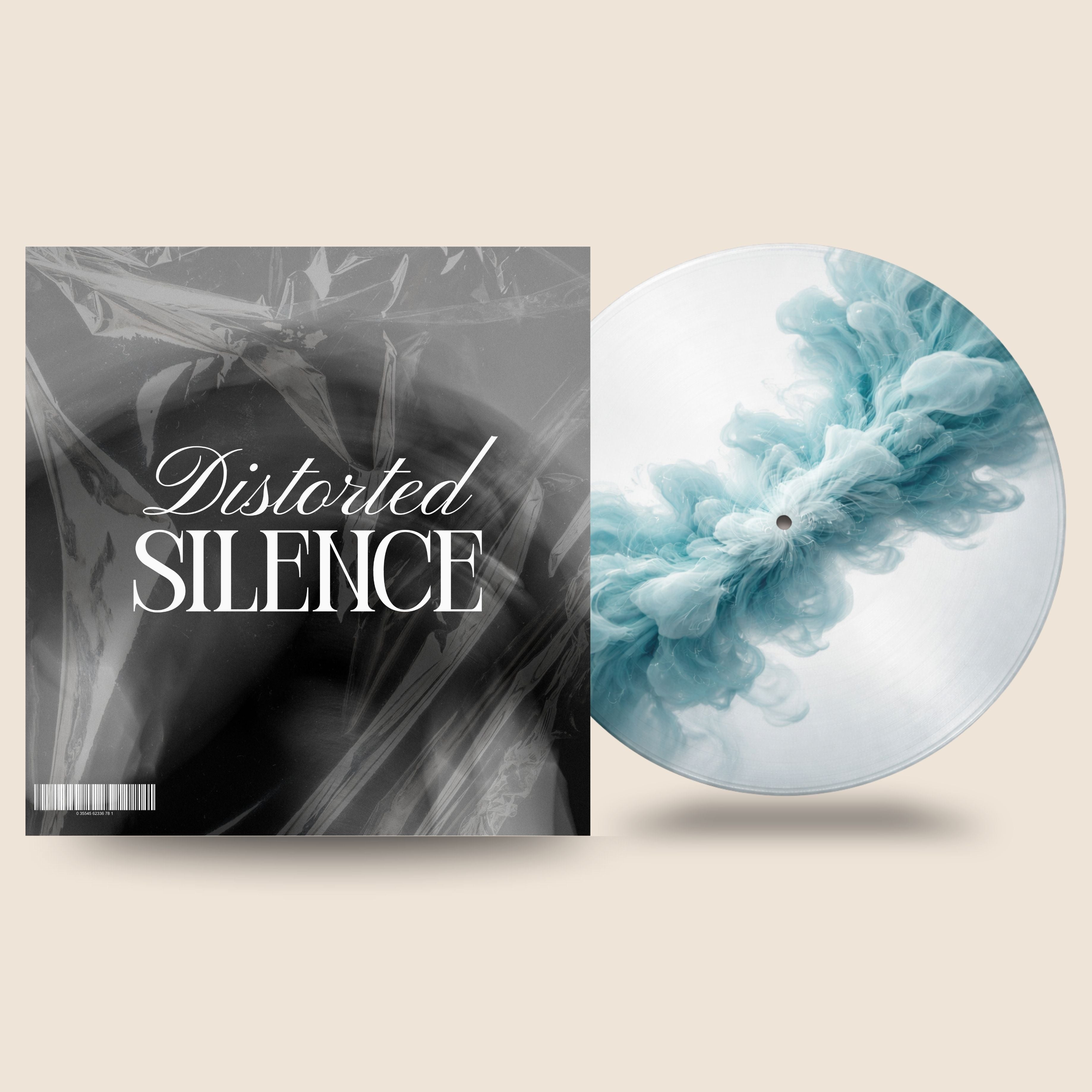 Ink Series custom vinyl record by Black Label Vinyl featuring a translucent white 12-inch lathe-cut record with flowing teal ink-style artwork, shown with a minimalist album cover.