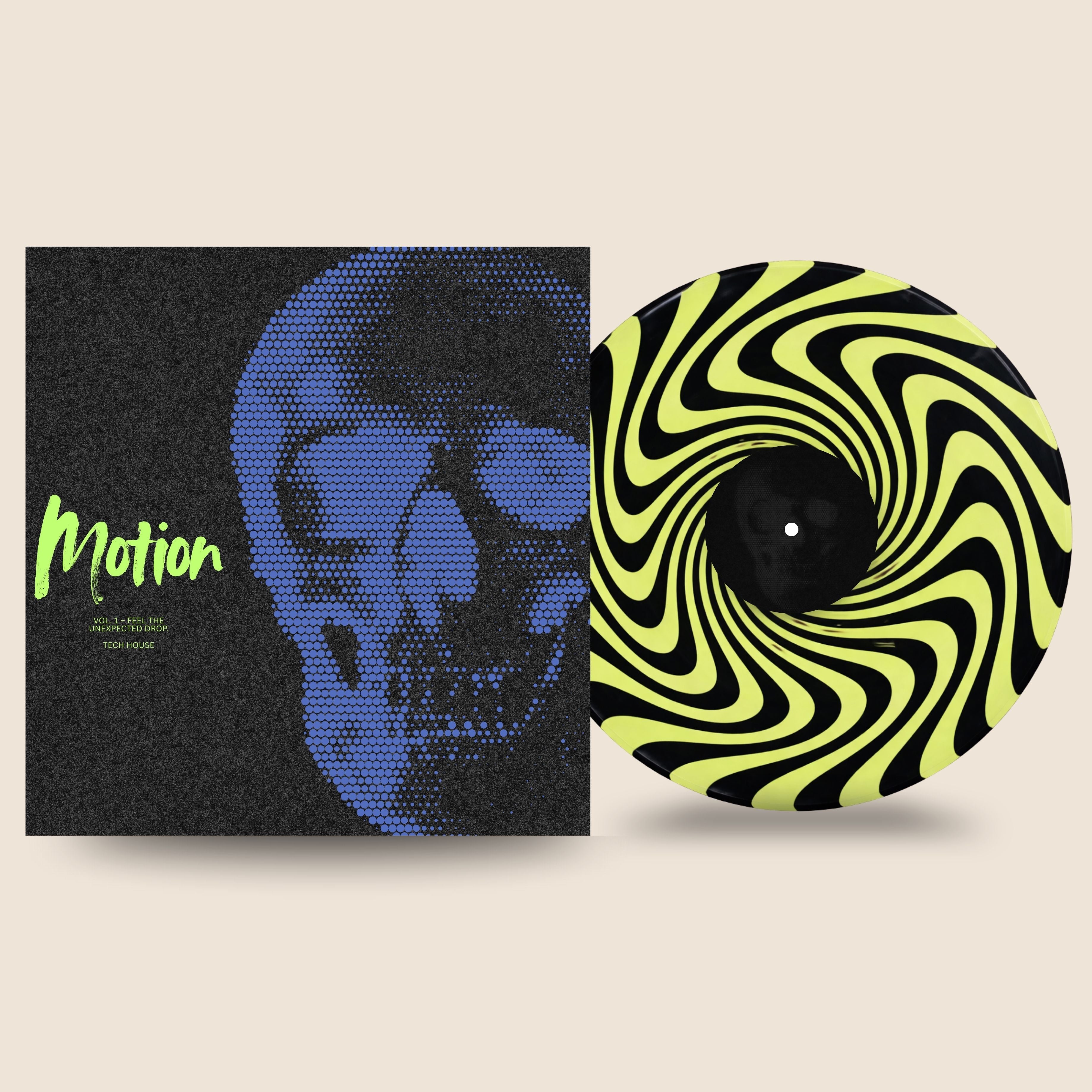 Black Label Vinyl custom 12-inch vinyl record with neon green and black spiral spinner design, shown beside the Motion album cover featuring a halftone skull graphic.