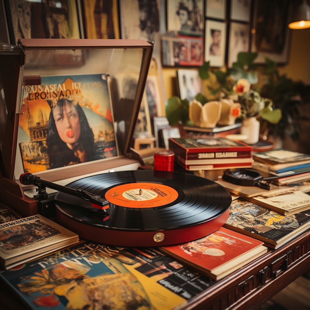 Vintage record player with a vinyl record on a table filled with books and records.