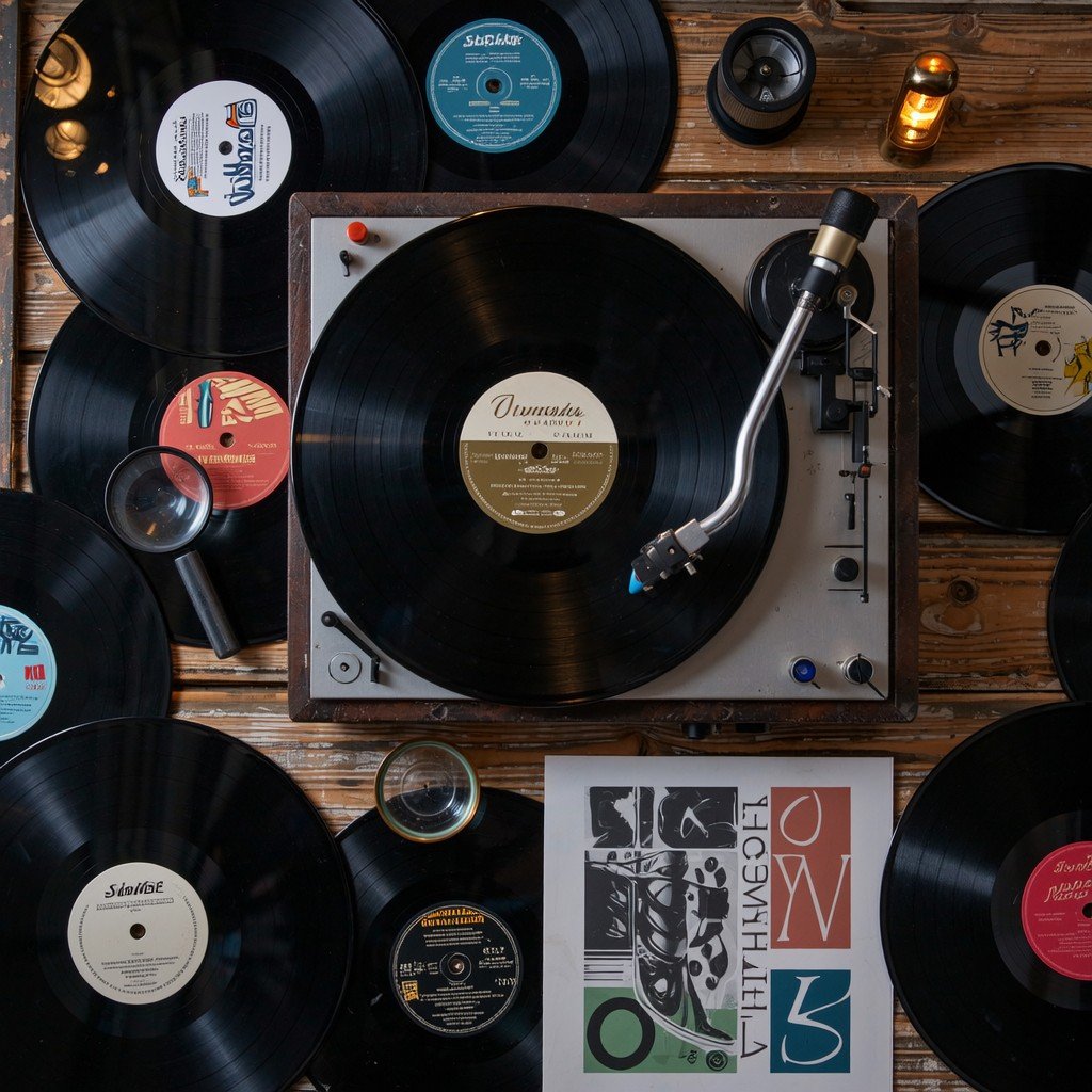 Vinyl records and a turntable on a wooden surface with a magnifying glass.