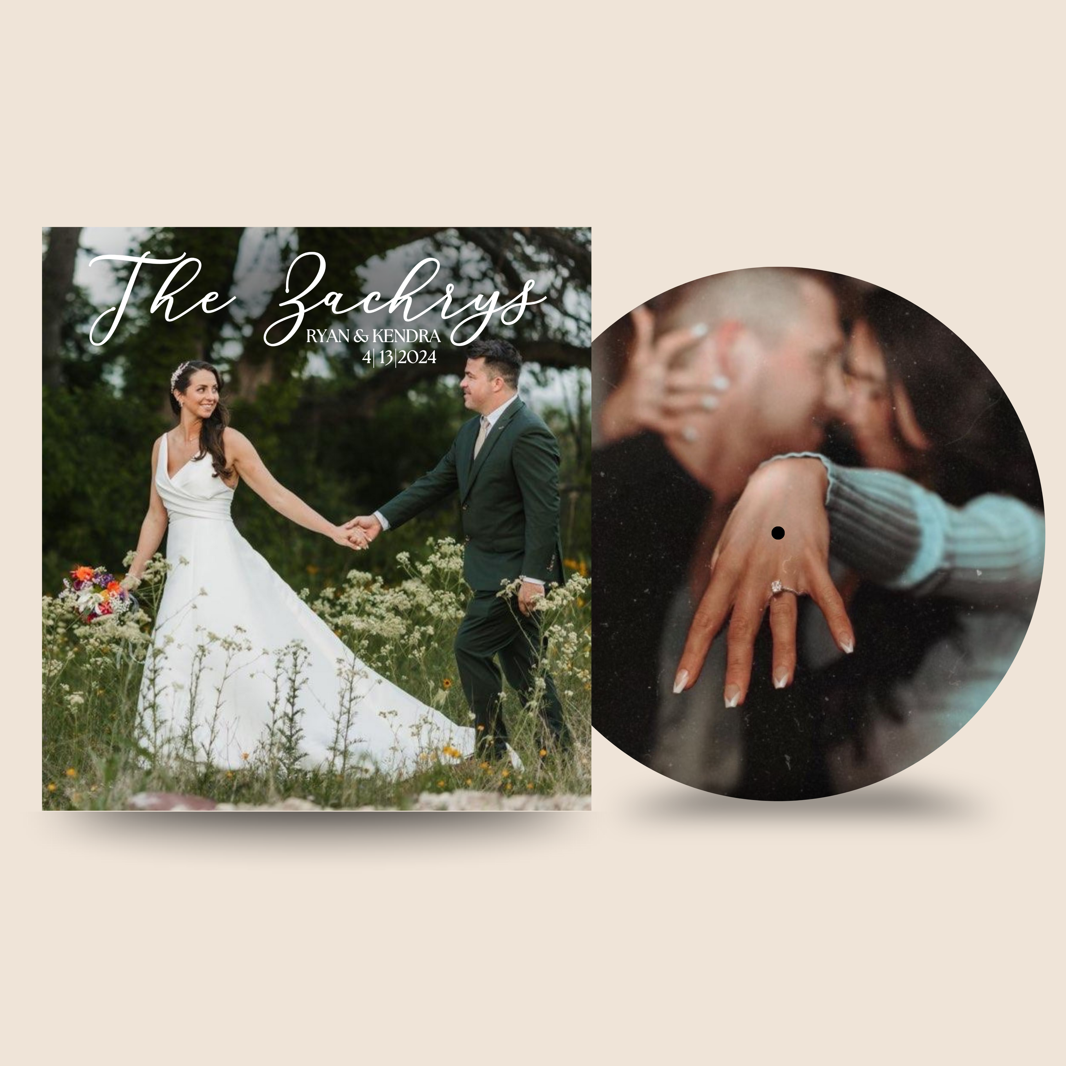 12″ Custom Mixtape Picture Vinyl Record by Black Label Vinyl featuring full-coverage photo artwork on a 12-inch lathe-cut record, shown with a personalized wedding album cover.