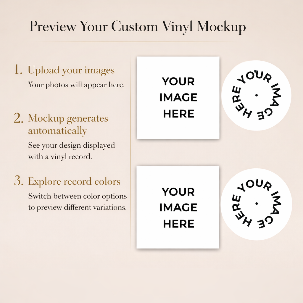 Custom vinyl mockup tool with placeholders for images on a beige background