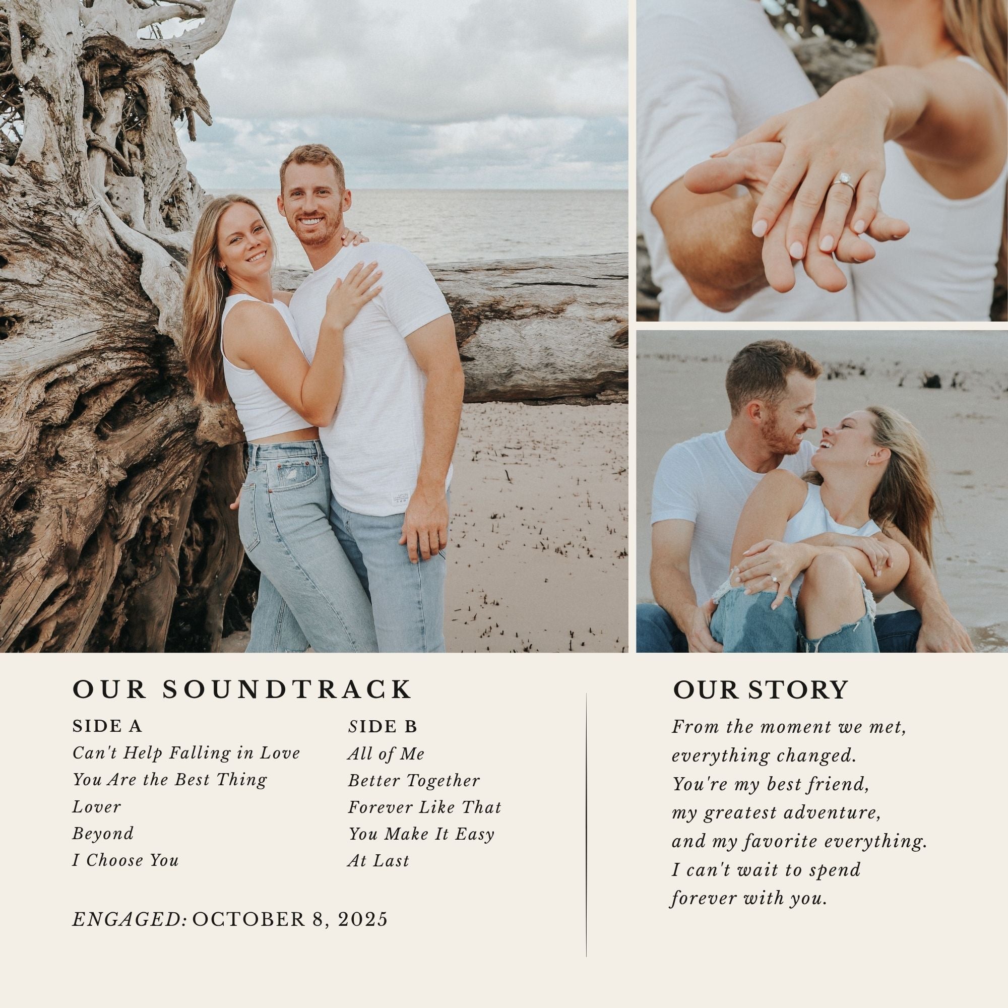 A square digital template for a custom wedding soundtrack and story, featuring three lifestyle photographs of a couple on a beach and a large white text section with song lyrics and personalized text.