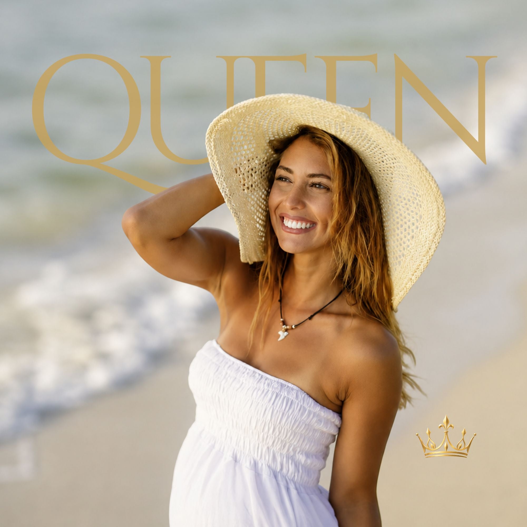 A smiling woman on a beach wearing a large cream straw hat and a white strapless dress, with the word 'QUEEN' in large gold letters across the top and a small gold crown logo in the lower right.
