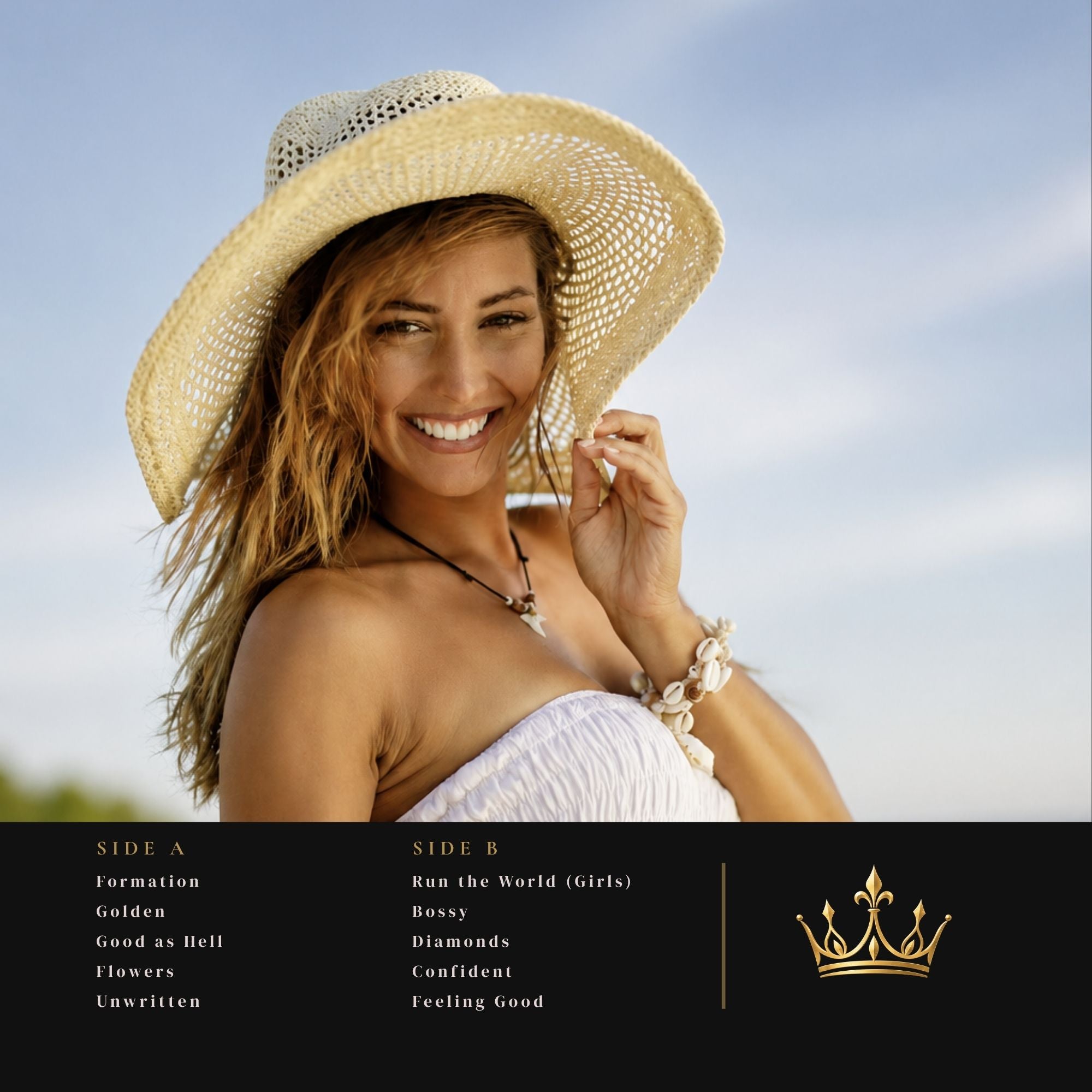 Album cover for 'Run the World (Girls)' featuring a smiling woman in a straw hat and white strapless top against a blue sky, with track listing text and a gold crown logo on a black band at the bottom.