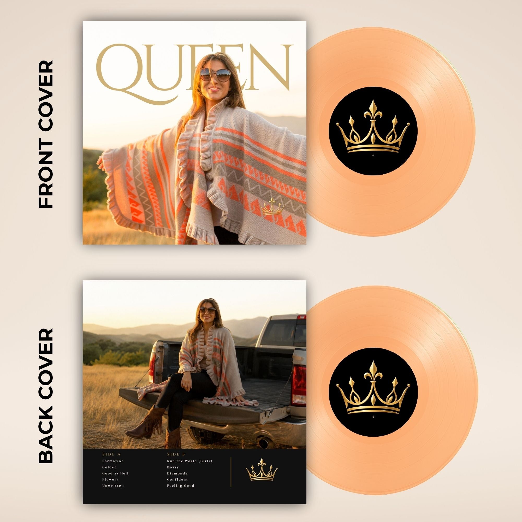 Queen album vinyl set with front and back covers shown alongside two peach-colored records. The front cover features a woman in a poncho outdoors with the word QUEEN in large gold letters.