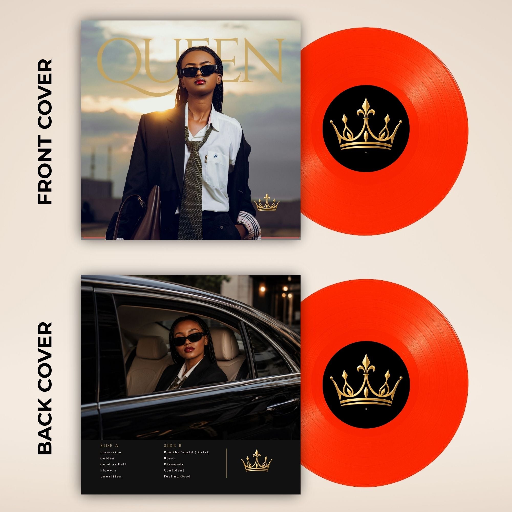 A vinyl record album shown with its front and back covers and two bright orange records. The album art features a woman in sunglasses, with the word 'QUEEN' across the front cover and track listings on the back cover.