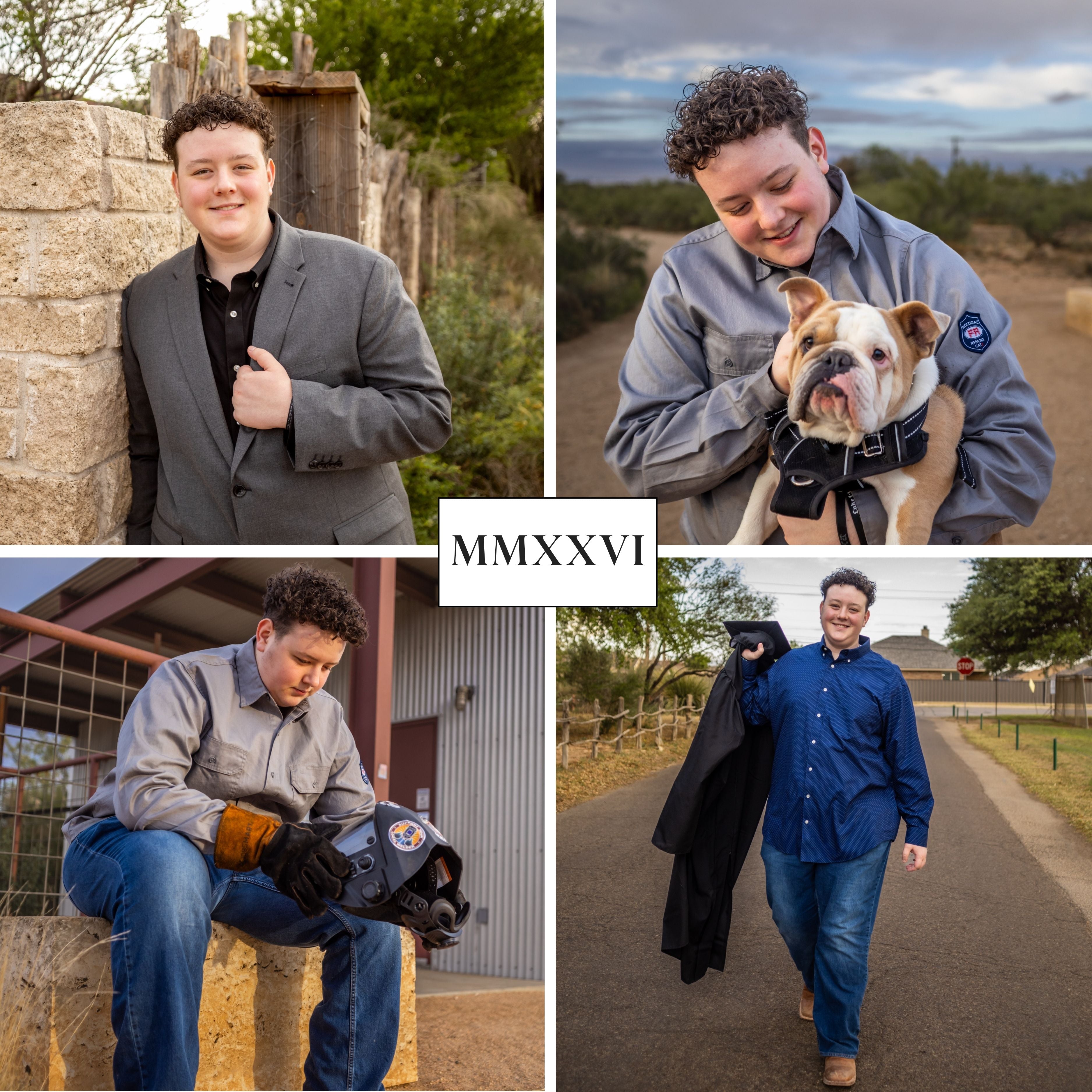 A four-panel collage showing a man in different outdoor and posed settings, along with a central white label reading MMXXVI. The top-left panel shows him in a gray blazer leaning against a stone wall.