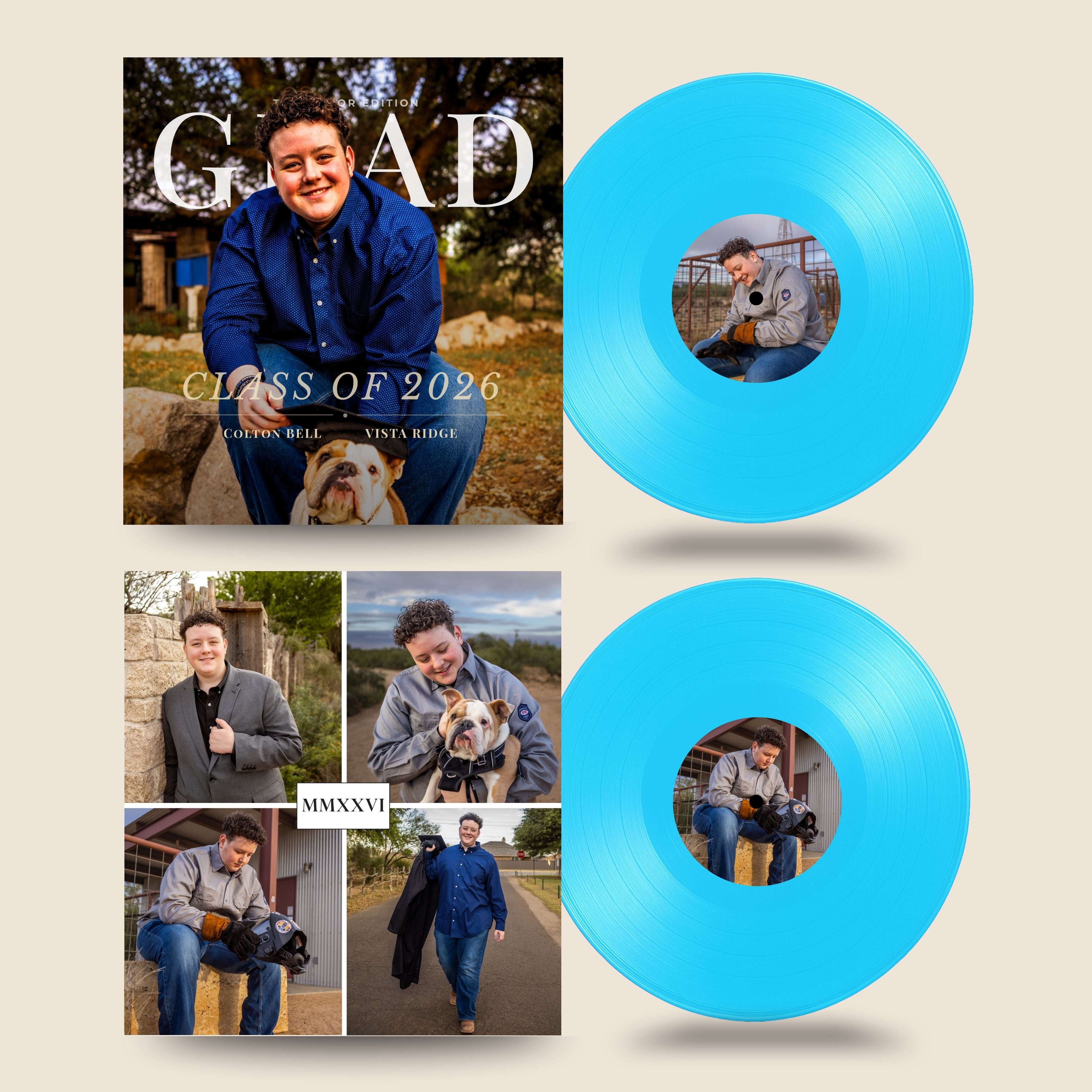 Custom photo vinyl record package featuring a custom album cover and two bright cyan blue vinyl records. The album cover displays a collage of a man's photos with the text 'GAD' and 'CLASS OF 2026' along with the names 'Koryn Bell' and 'Yunta Higgs'.