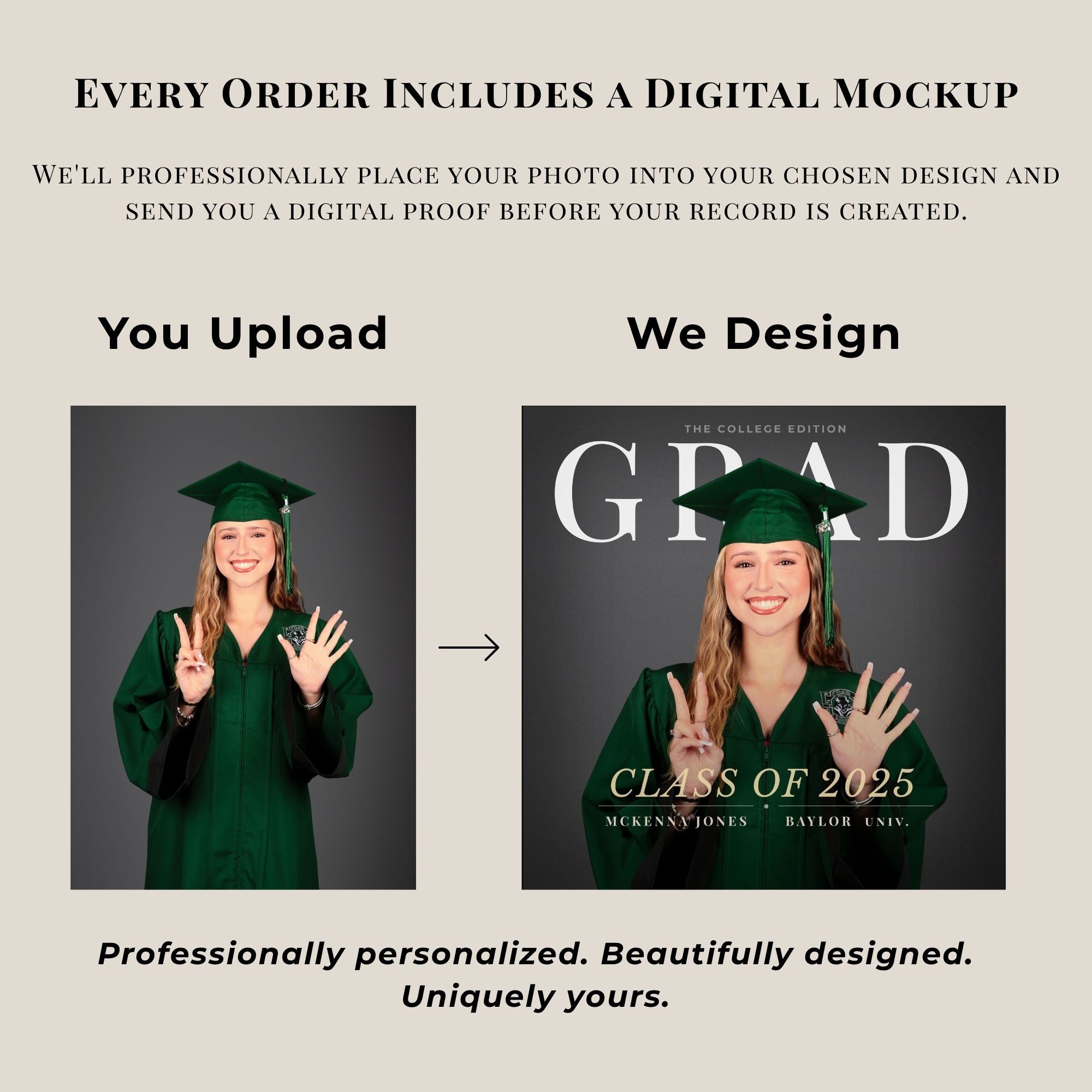 Promotional graphic for a digital graduation photo mockup service. The beige background contains text stating 'Every Order Includes a Digital Mockup' and a before/after comparison labeled 'You Upload' and 'We Design,' showing a woman in a green graduation cap and gown whose photo is transformed into a larger, more polished graduation magazine-style cover design.