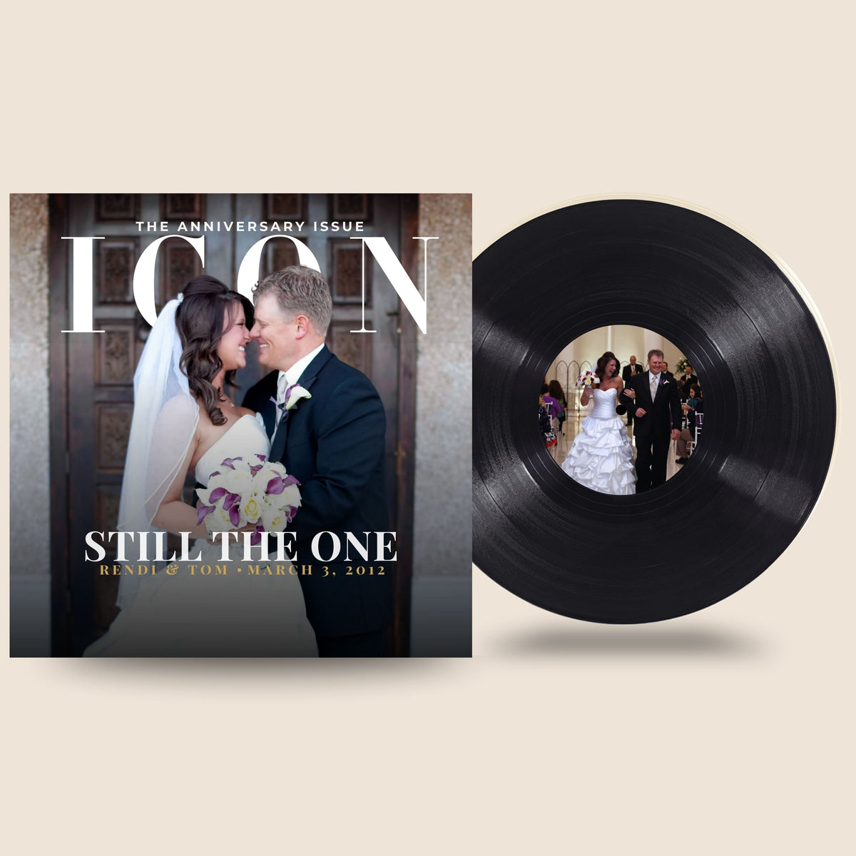 Magazine cover with wedding couple and vinyl record with same image