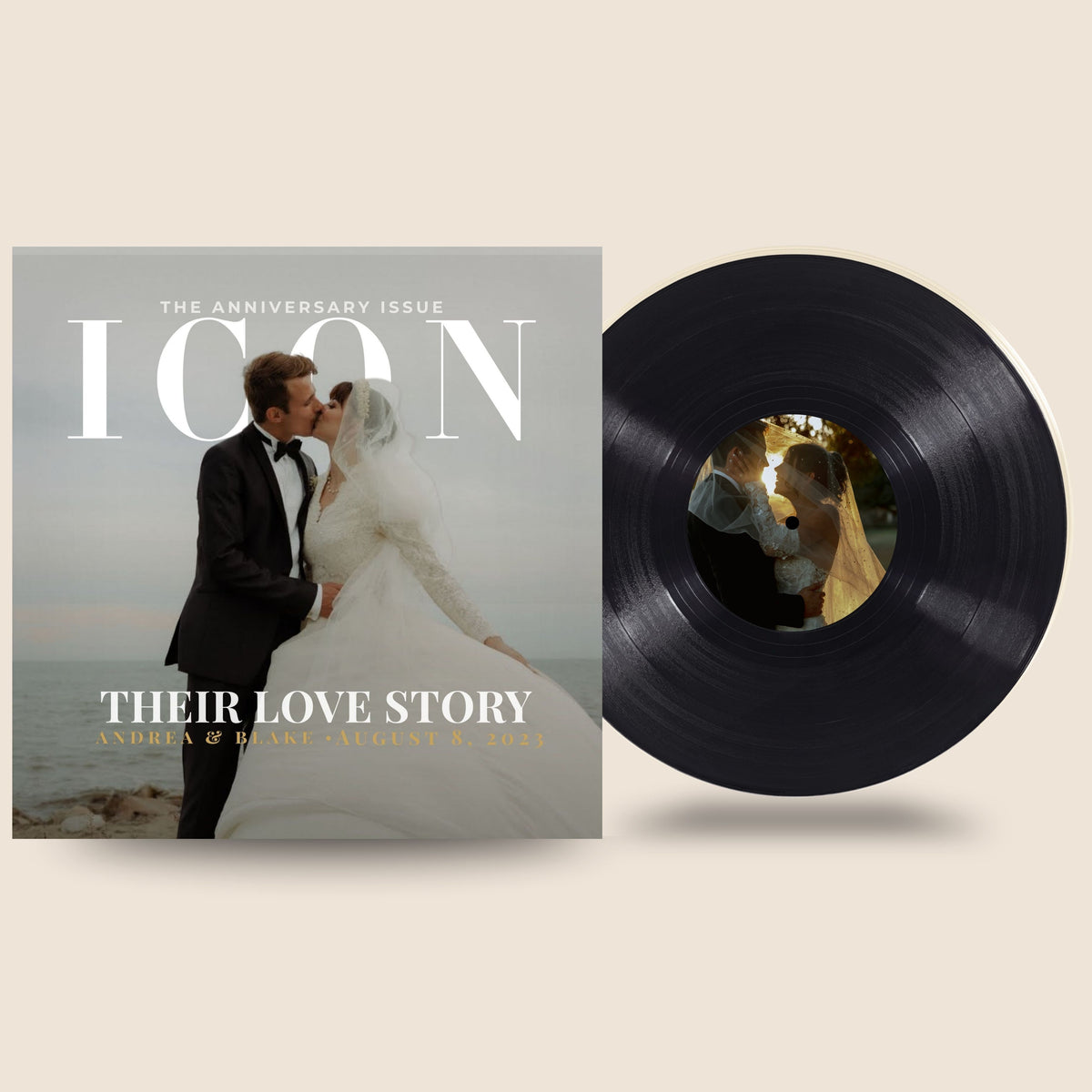Magazine cover with a couple and a vinyl record with a dog on a beige background