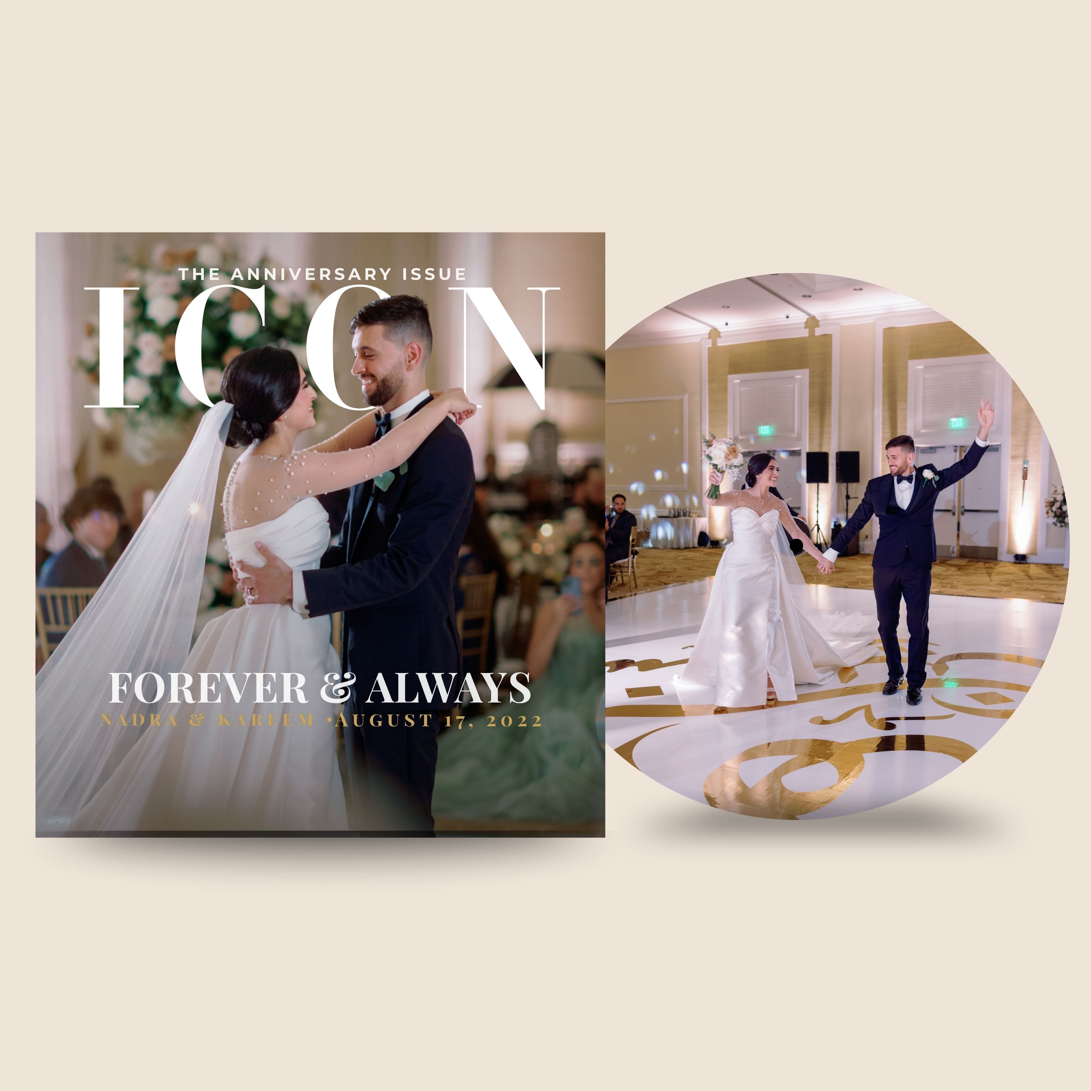 Magazine cover with a wedding couple and a photo of them on a dance floor.