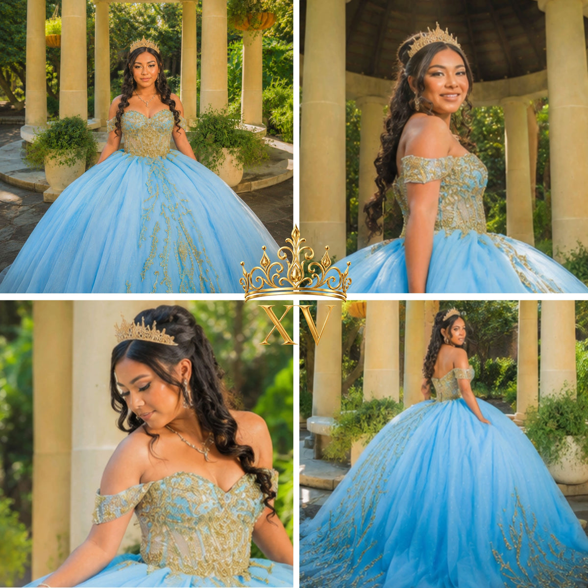 A four-panel collage showing a young woman wearing an off-the-shoulder light blue ball gown with gold beaded embellishments, a matching blue skirt, and a gold tiara in an outdoor colonnade setting.