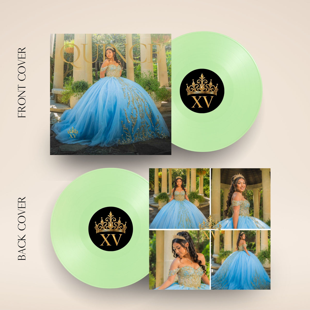 A music album cover layout featuring a pastel mint green vinyl record with a black circular label printed with a gold crown and the Roman numeral XV. The cover includes front and back cover designs with a photo of a woman in a voluminous light blue ball gown, set against a light beige background with text reading FRONT COVER and BACK COVER.