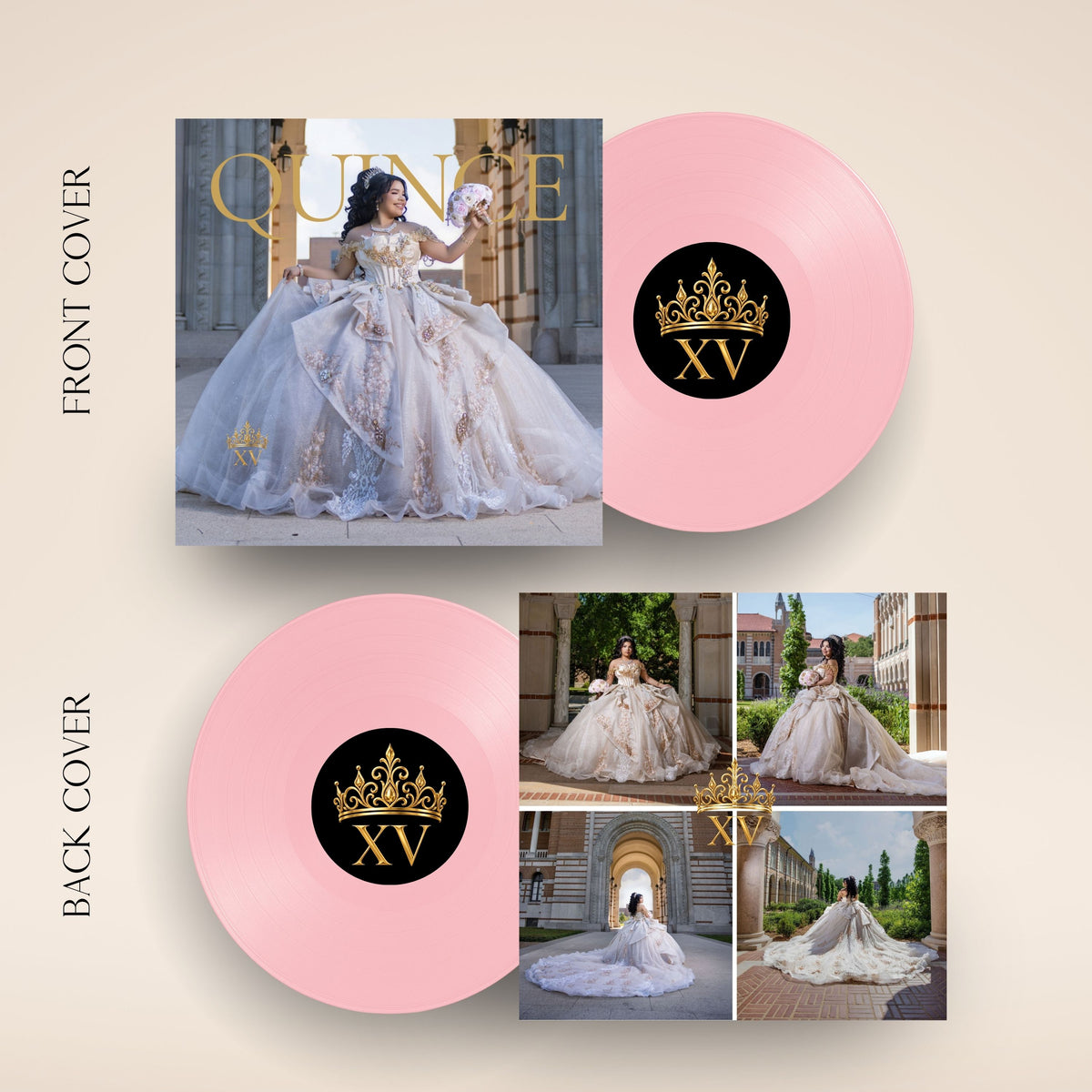 A vinyl record package layout for a quinceañera celebration album. The design shows a pink record with a black center label featuring a gold crown and the Roman numeral XV.