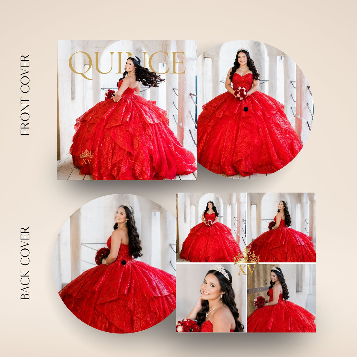 A digital preview collage showing a red quinceañera ball gown from multiple angles, labeled 'FRONT COVER' and 'BACK COVER' on a beige background. The collage includes full-body views and close-up portrait views of a woman wearing the dress.
