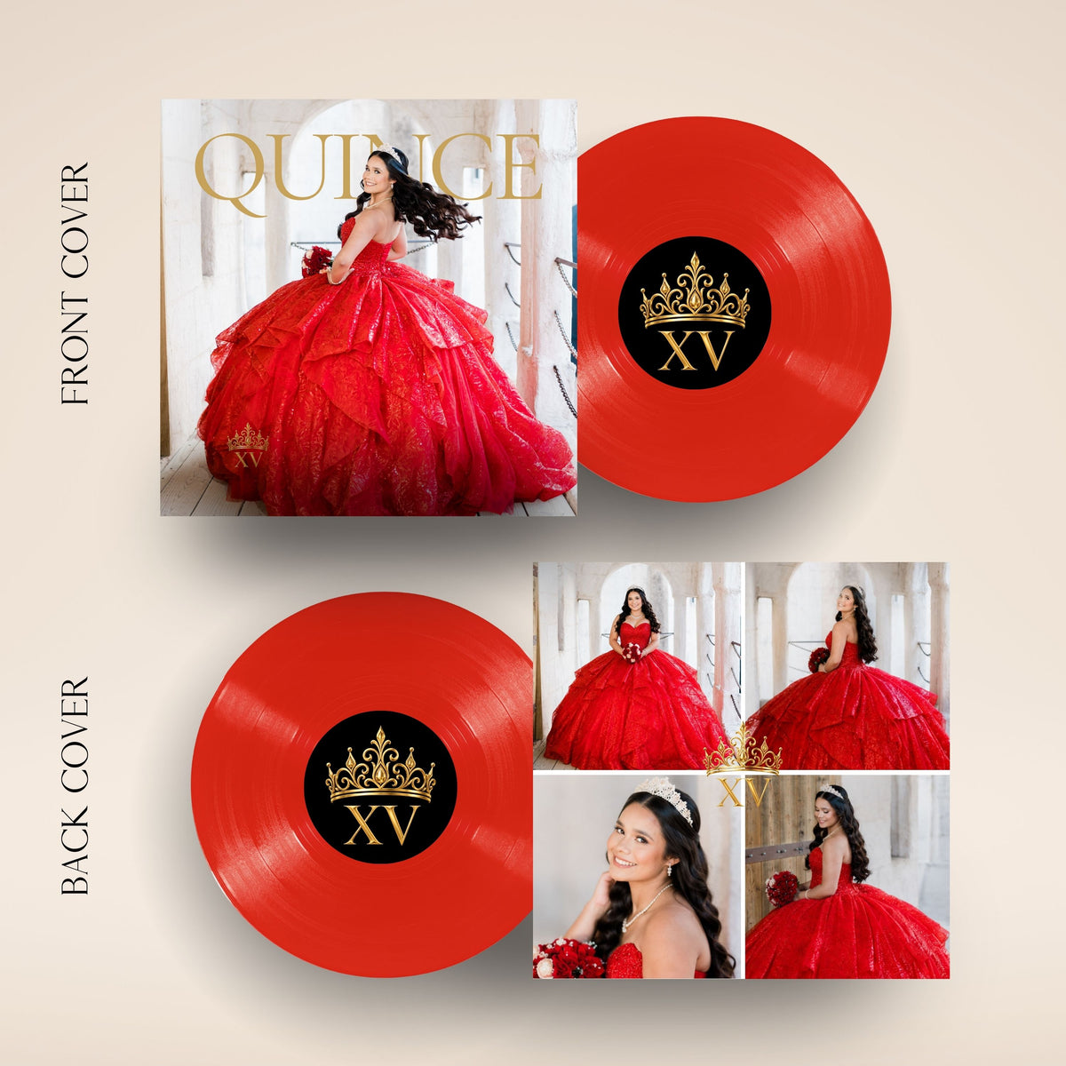 A quinceañera album or vinyl record package shown on a beige background, featuring a red front cover with a photo of a woman in a red ball gown and the word "QUINCE," plus two red vinyl records with black centers printed with a gold crown and the Roman numeral XV. The back cover is shown in a collage format with multiple photos of the same woman.