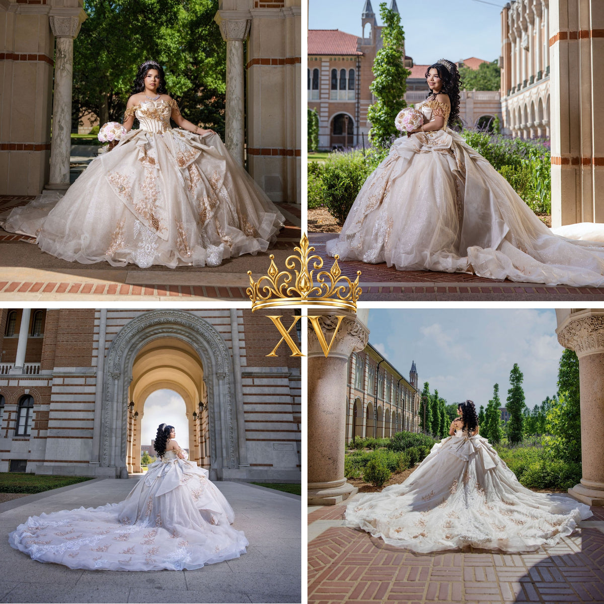 A four-panel collage showing a woman wearing a voluminous ball gown in outdoor architectural settings. The dress is champagne beige with gold floral embroidery and a long train; one panel shows the front view and the others show back and side views.