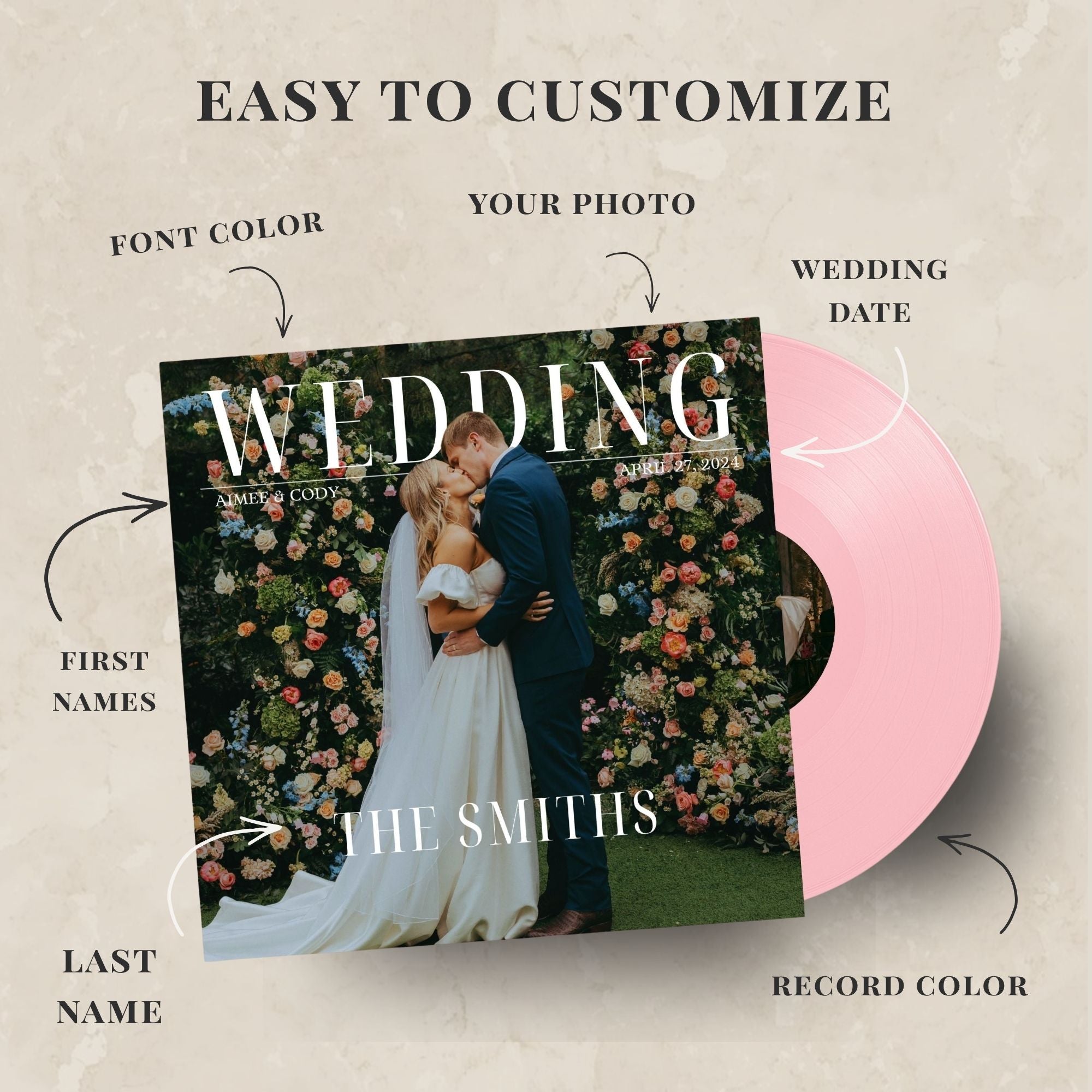 Personalized wedding album with customizable elements on a light background
