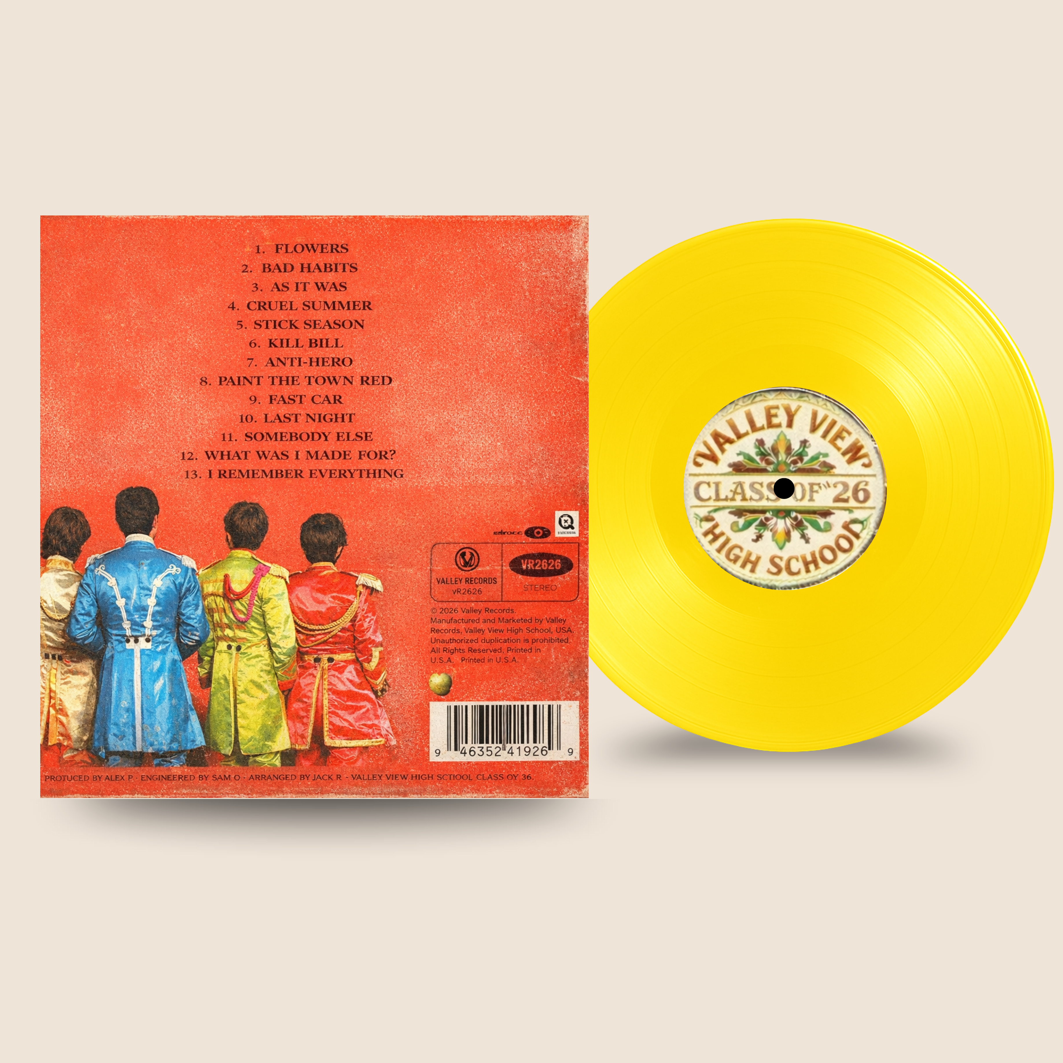 12″ Custom Mixtape Vinyl Record – Studio Color Series by Black Label Vinyl featuring a bright yellow 12-inch lathe-cut record with custom center label, shown alongside a vintage-inspired album back cover with full tracklist.