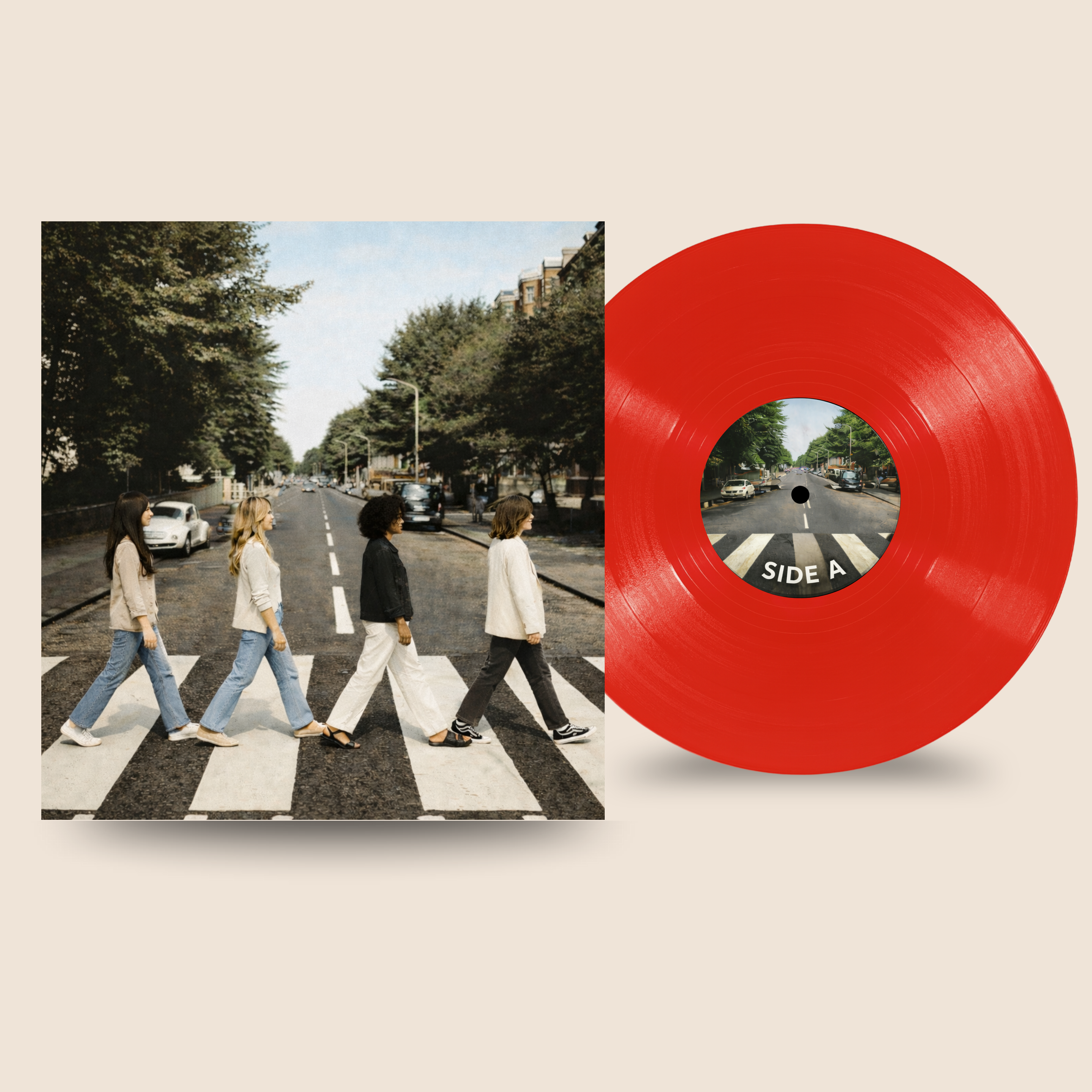 12″ Custom Mixtape Vinyl Record – Studio Color Series by Black Label Vinyl featuring a cherry red 12-inch lathe-cut record, shown with a custom album cover and Side A center label.