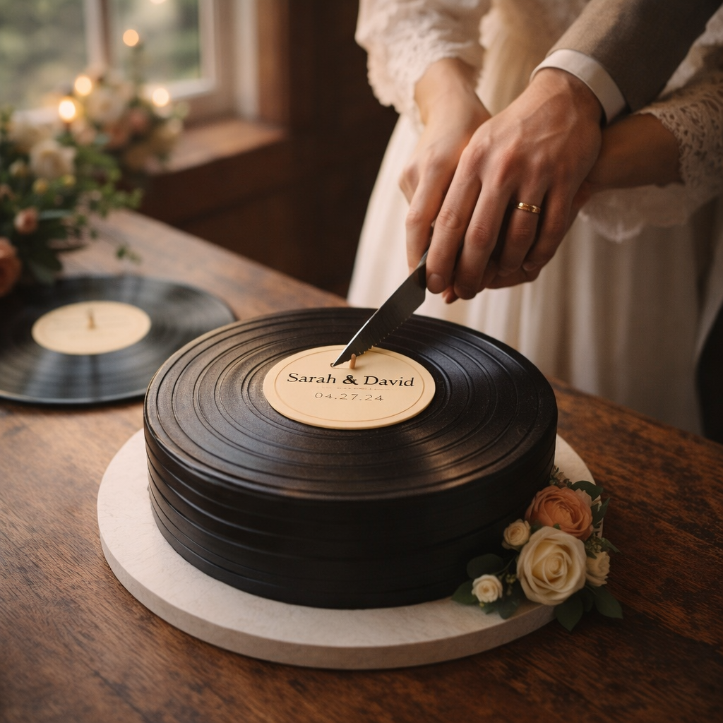 Vinyl record-themed cake being cut with a knife, surrounded by flowers on a wooden table.