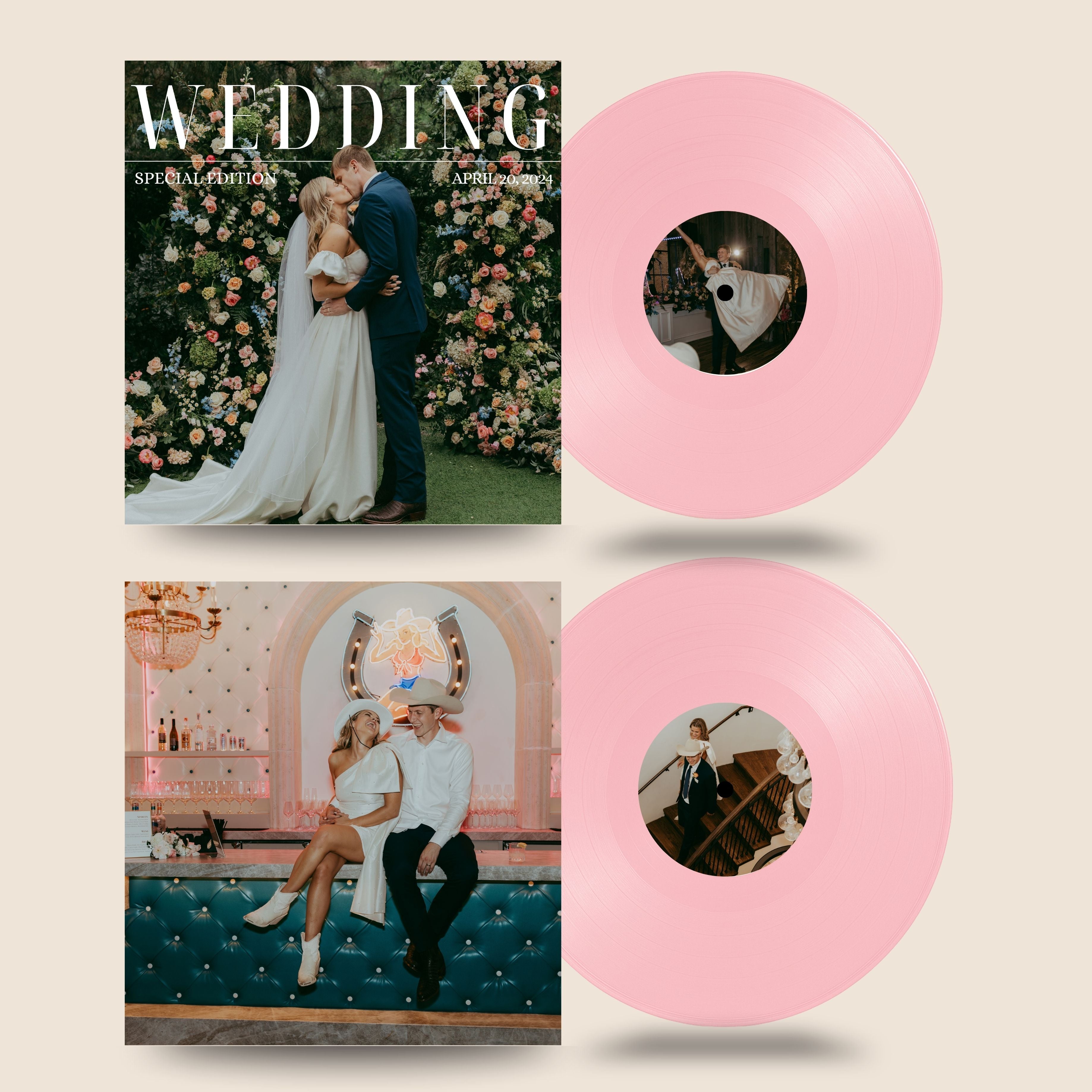 Wedding Special Edition custom vinyl record by Black Label Vinyl featuring blush pink 12-inch lathe-cut records with personalized photo center labels, shown with custom magazine-style wedding album covers.