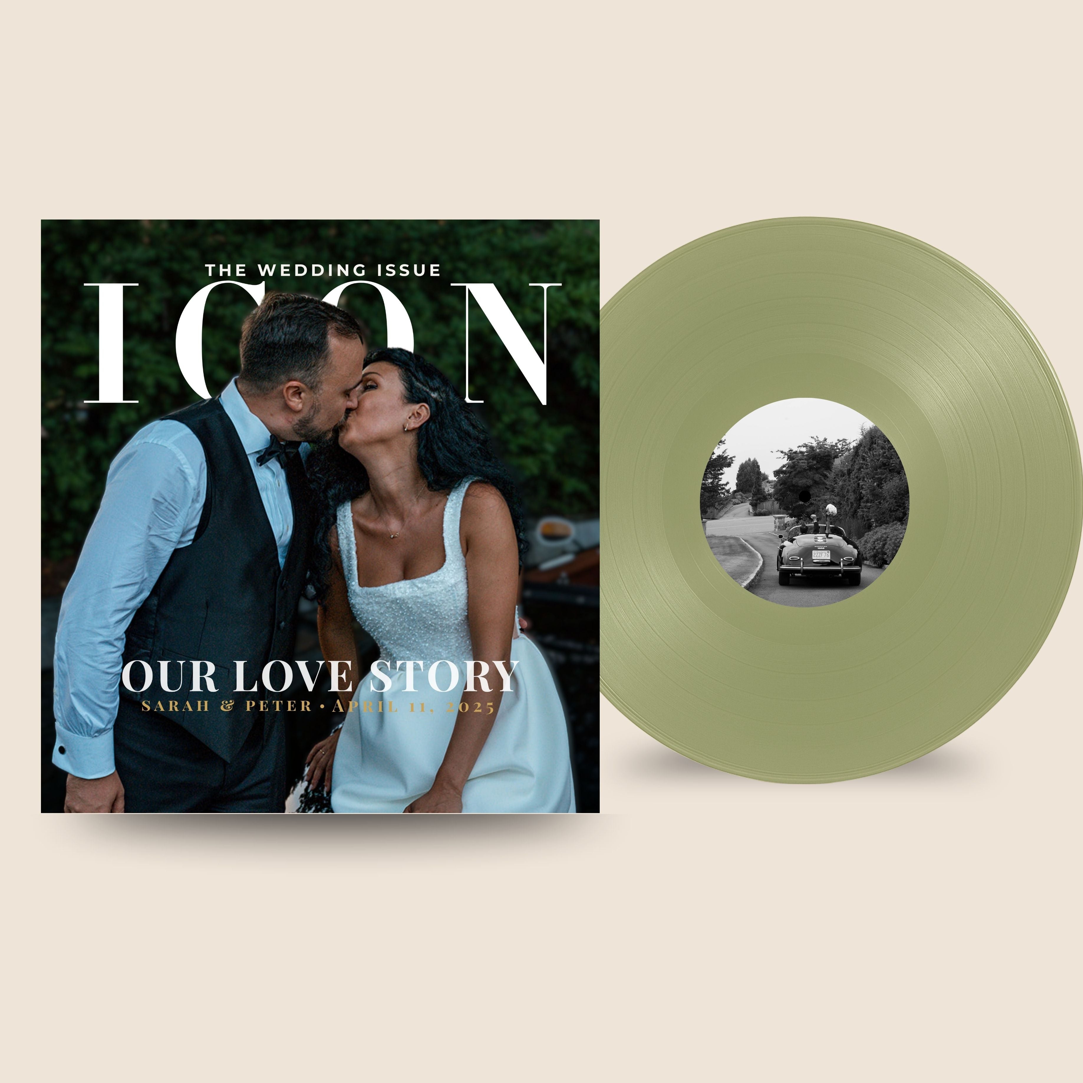 Vinyl record with a cover featuring a couple and text 'The Wedding Issue Icon Our Love Story'.