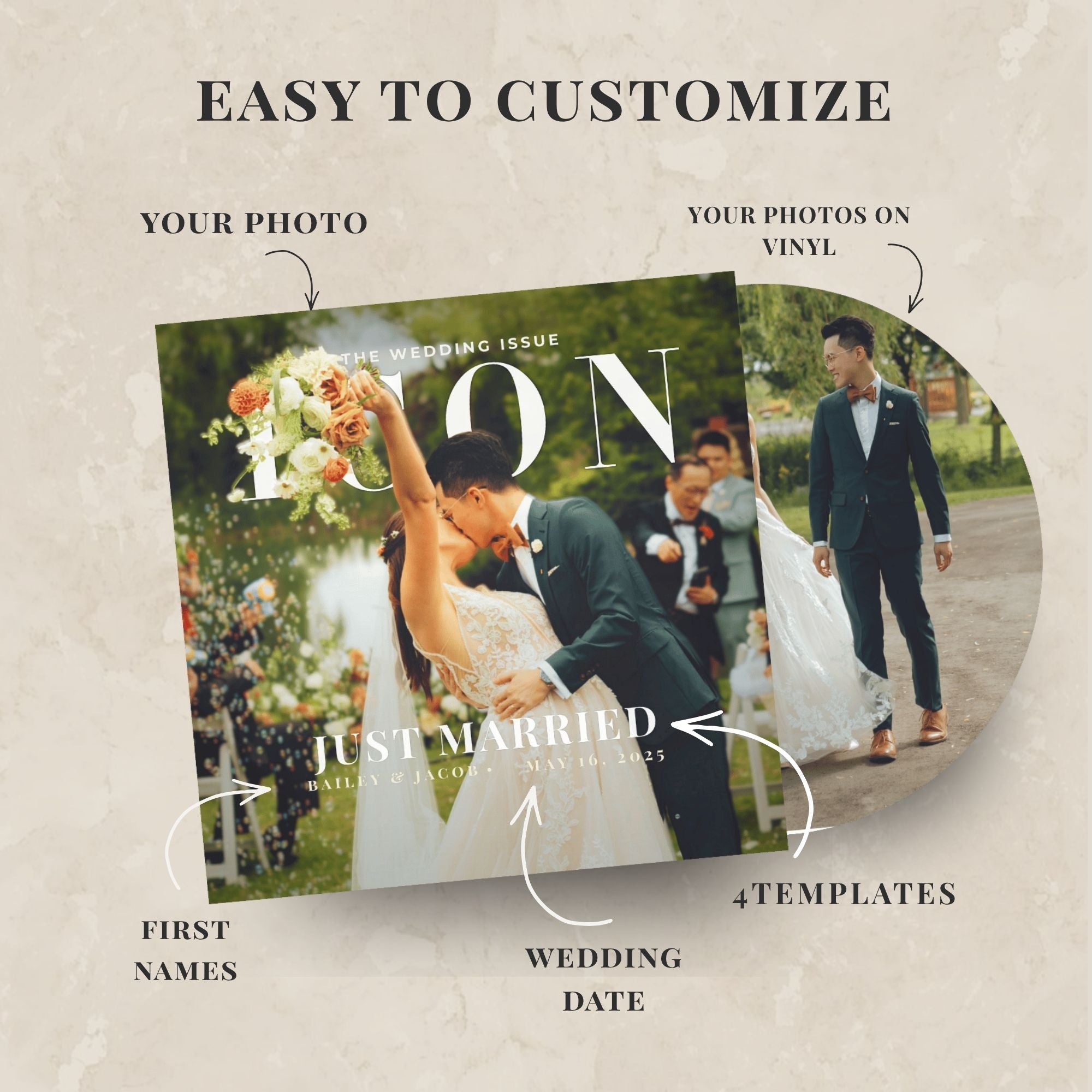 Wedding-themed customizable product with bride and groom images on a magazine cover layout.