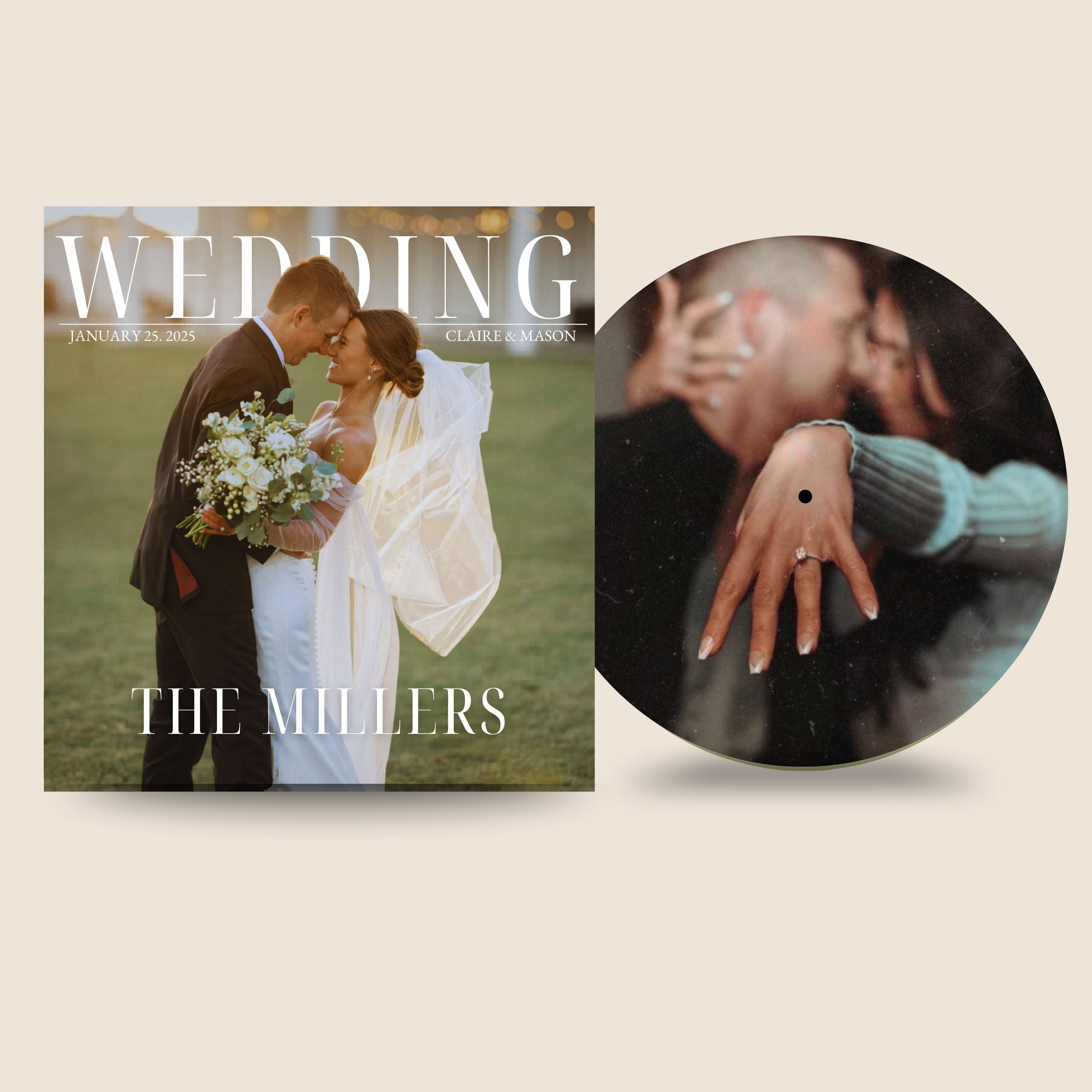 Wedding magazine cover with a couple and a close-up of a hand with a ring, on a beige background.