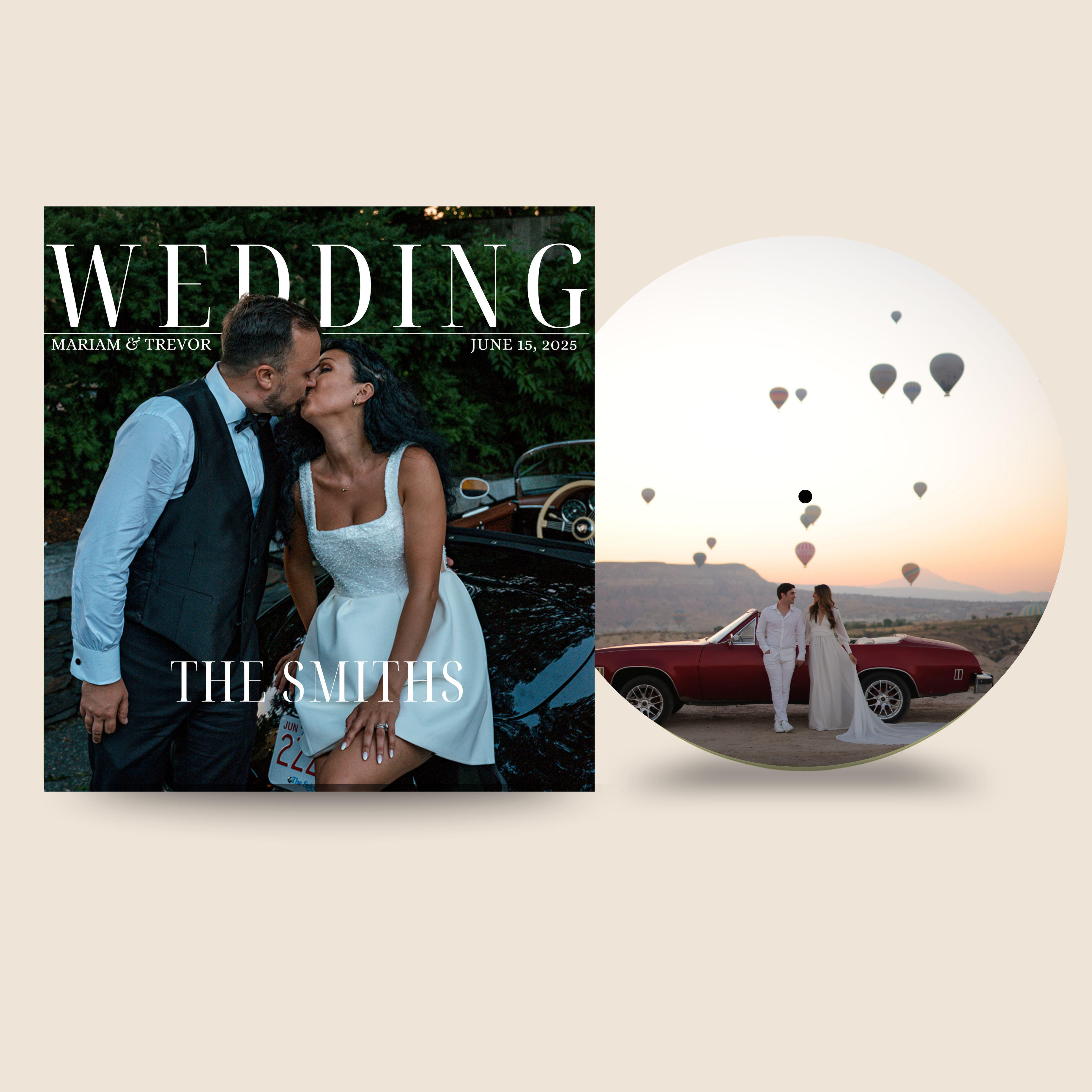 Wedding magazine cover with couple kissing and a circular inset of a couple by a car with balloons.