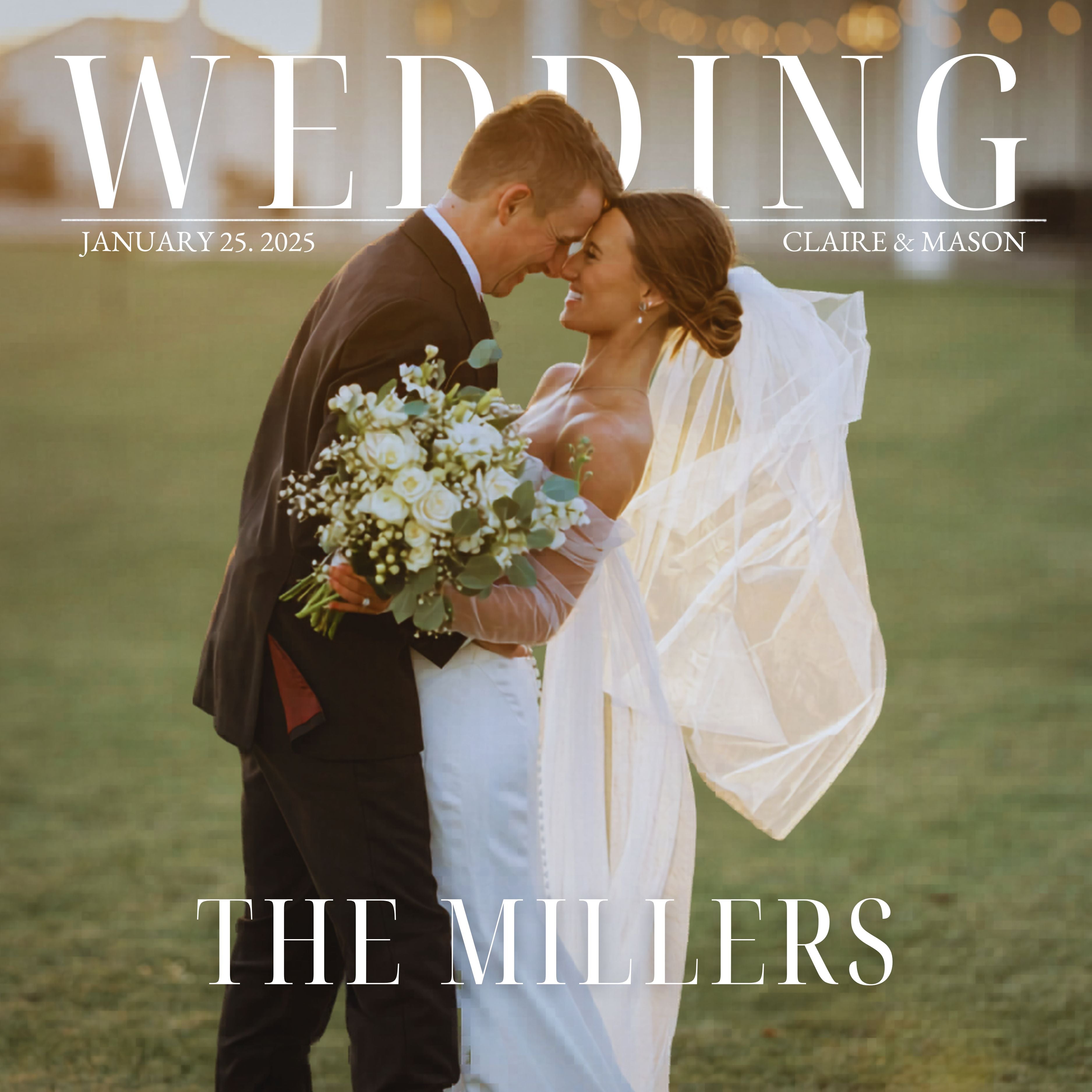 Wedding couple embracing with a bouquet, set against a blurred outdoor background.