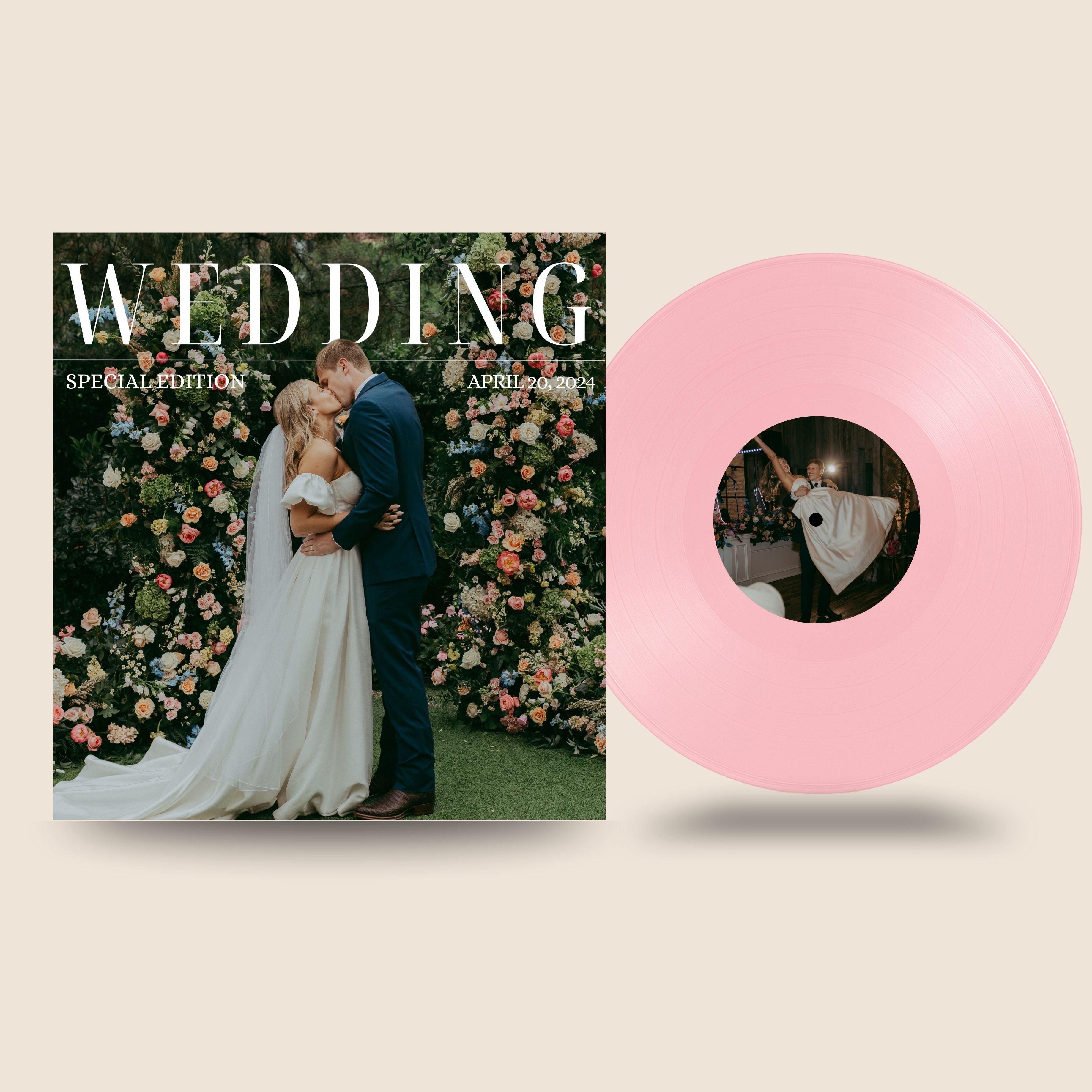 Wedding Special Edition custom vinyl record by Black Label Vinyl featuring a blush pink 12-inch lathe-cut record with personalized center label, shown with a custom wedding album cover and date.