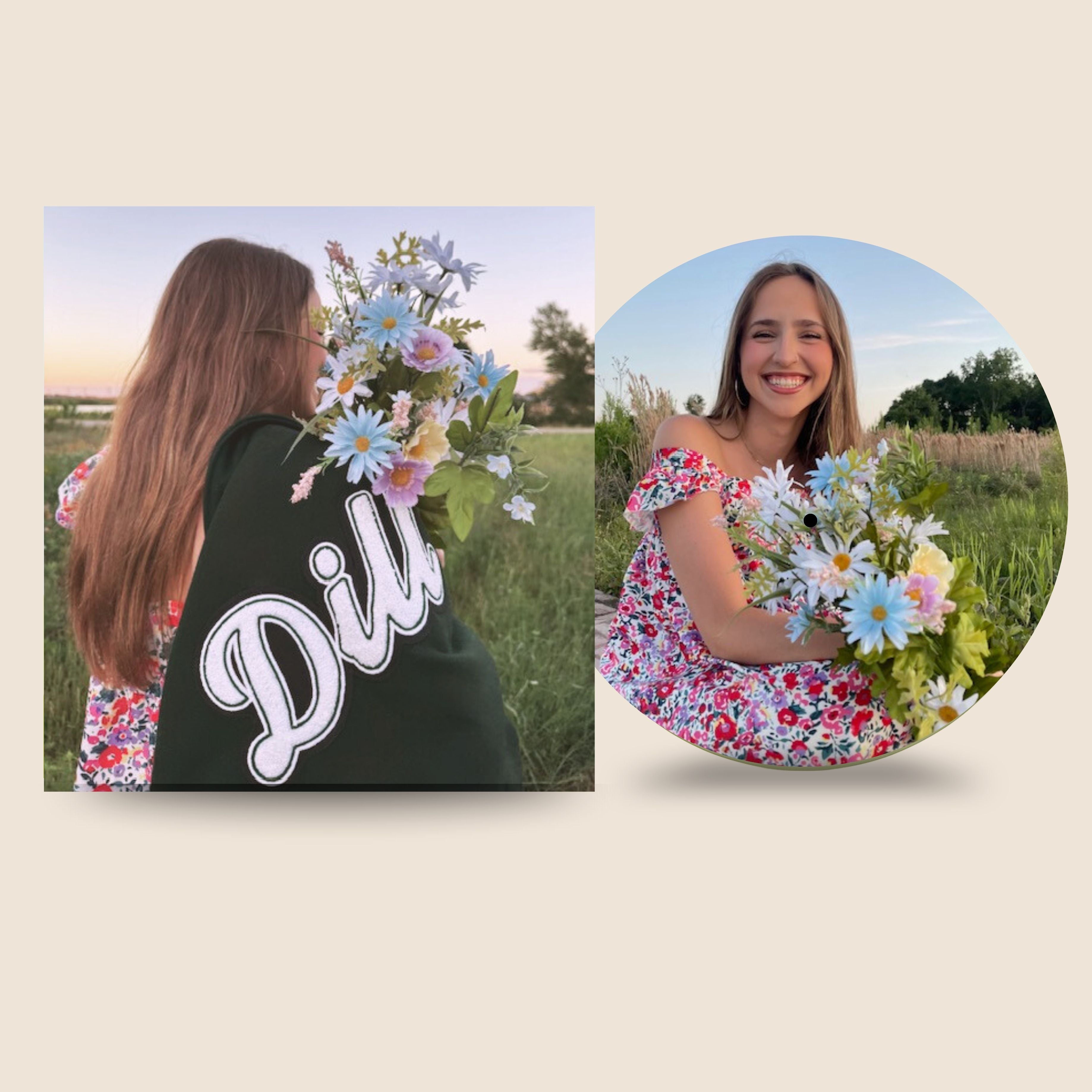 Custom graduation picture vinyl record showing a high school senior photo on vinyl, designed as a personalized keepsake by Black Label Vinyl