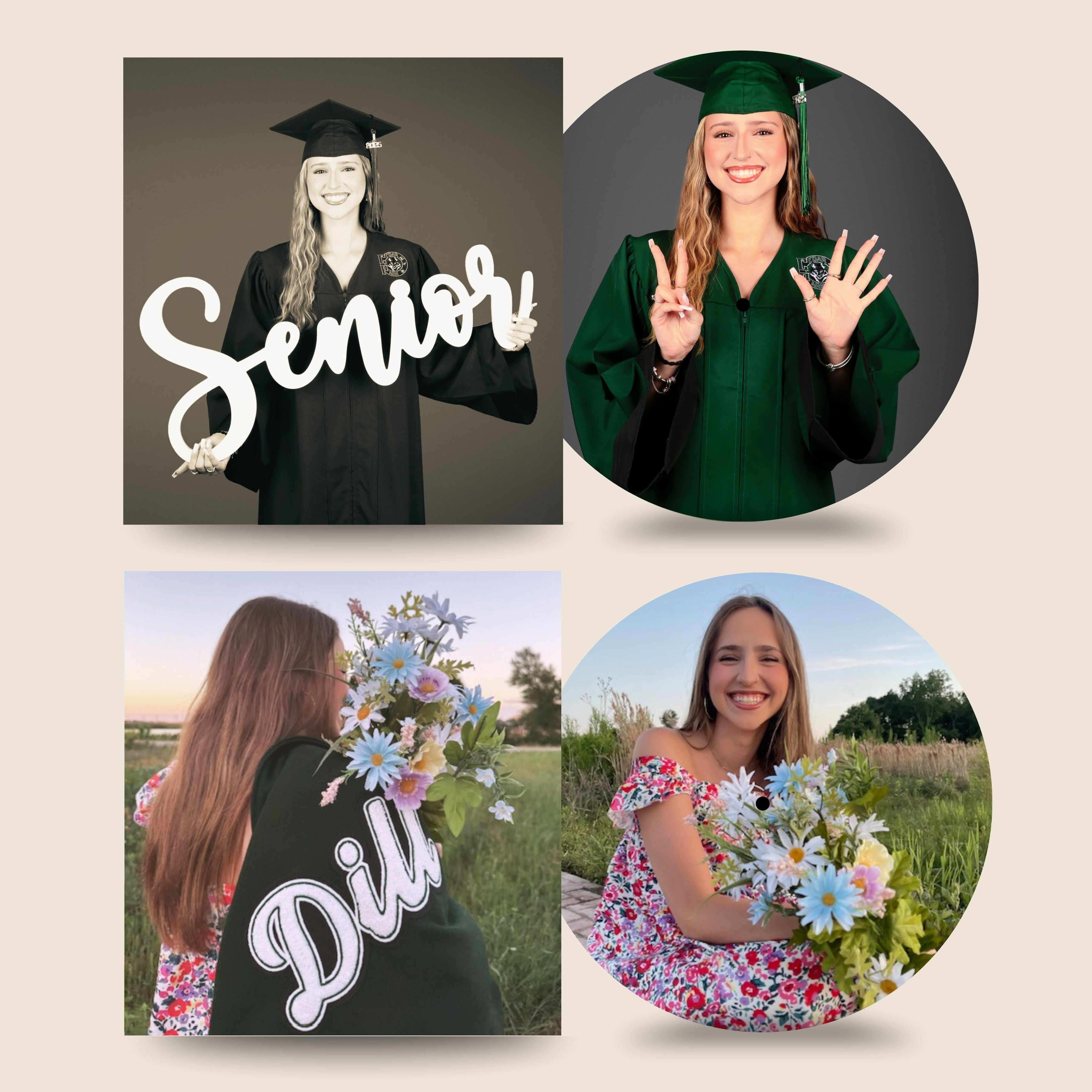 Full mockup of a custom graduation picture vinyl record showing front and back views with a high school senior portrait, created by Black Label Vinyl